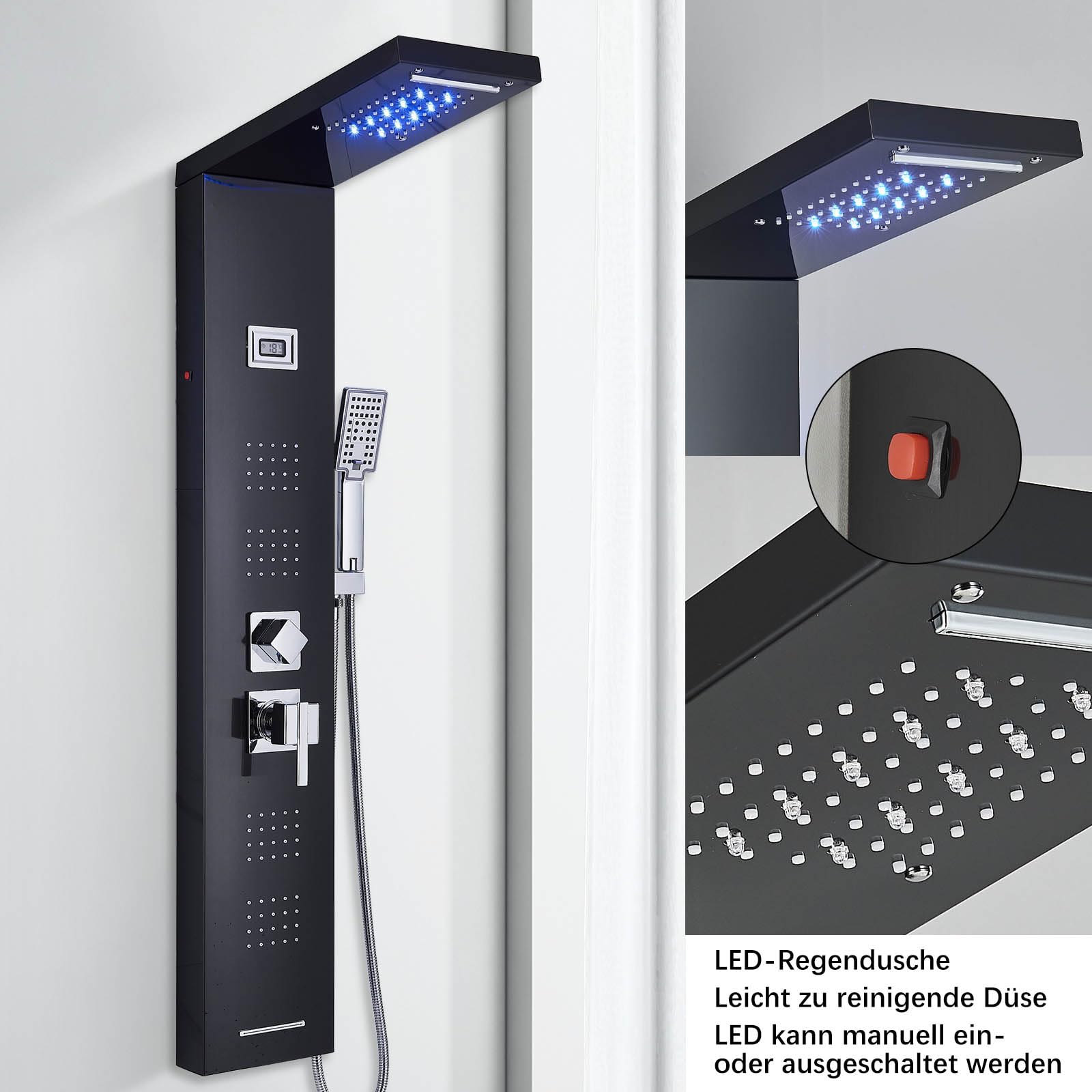 Pannello doccia a parete con sistema LED, colonna doccia multifunzionale con doccia a pioggia, cascata, massaggio, doccetta manuale, rubinetto, set completo con pannello doccia e