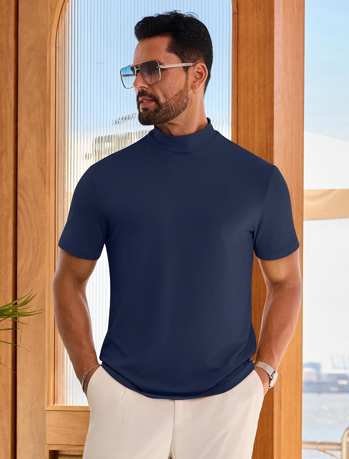 Vssjavun Men's Mock Turtleneck T Shirt Short Sleeve Soft Casual Pullover Top Mock Neck Solid Basic Undershirts Navy Blue