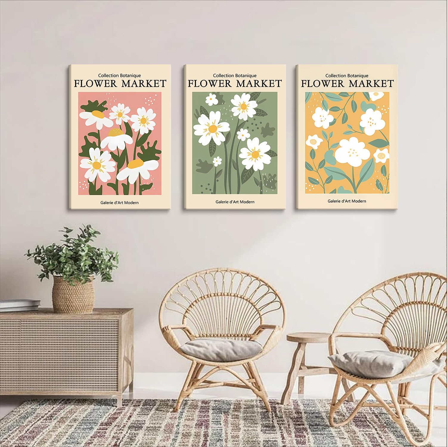 3pcs Flower Market Wall Art Boho Floral Canvas Wall Decor Danish Pastel Pictures Prints Poster Modern Gallery Minimalist Print Colorful Aesthetic for Bedroom Living Room Office Home 12x16inx3 Framed