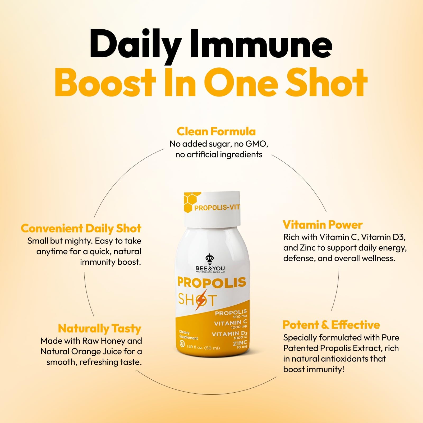 BEE and You Immune Support 100% Natural Propolis Shot Supplement, Antioxidants, Vitamin C, VIT D3, Zinc, Orange Juice, Raw Honey, 1.69 fl. oz x 12 Bottles — Amazon image 2