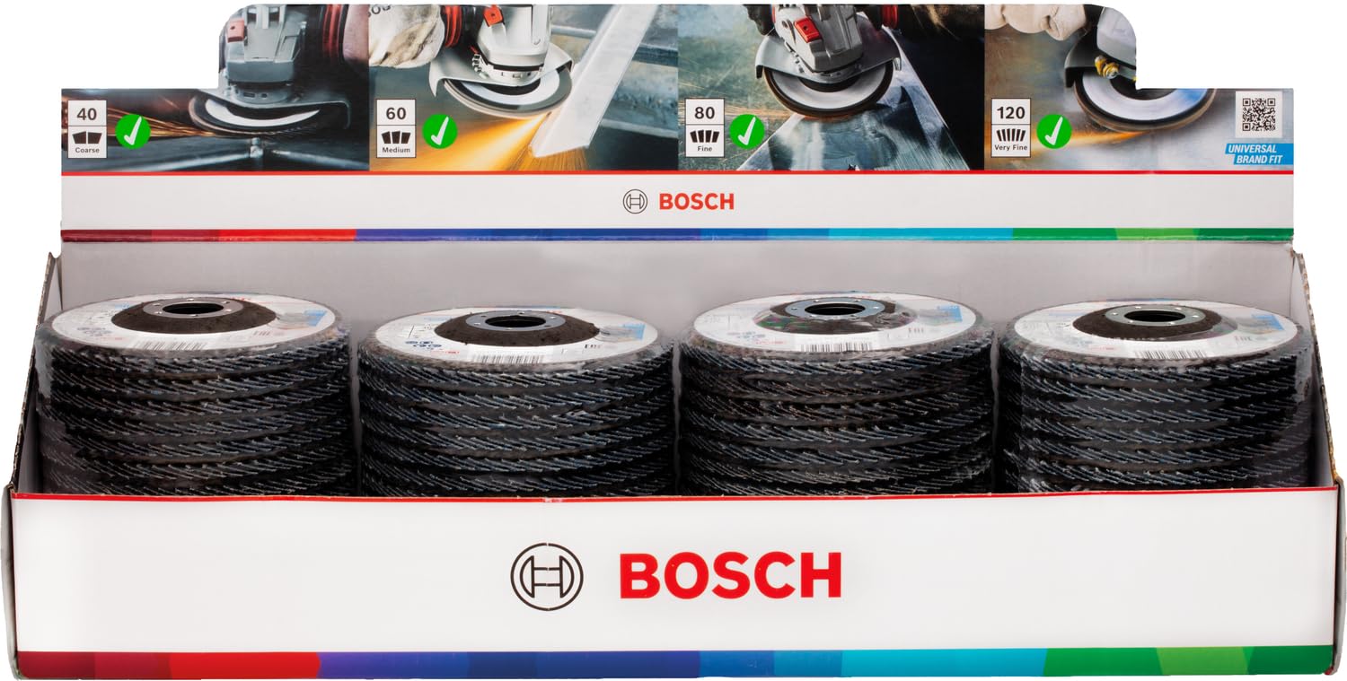 Bosch 60x X451 Fächerschleifscheiben Set (für Stahl, Aluminium, Ø 125 mm, Körnung 40, 60, 80, 120, Professional Zubehör Großer Winkelschleifer)