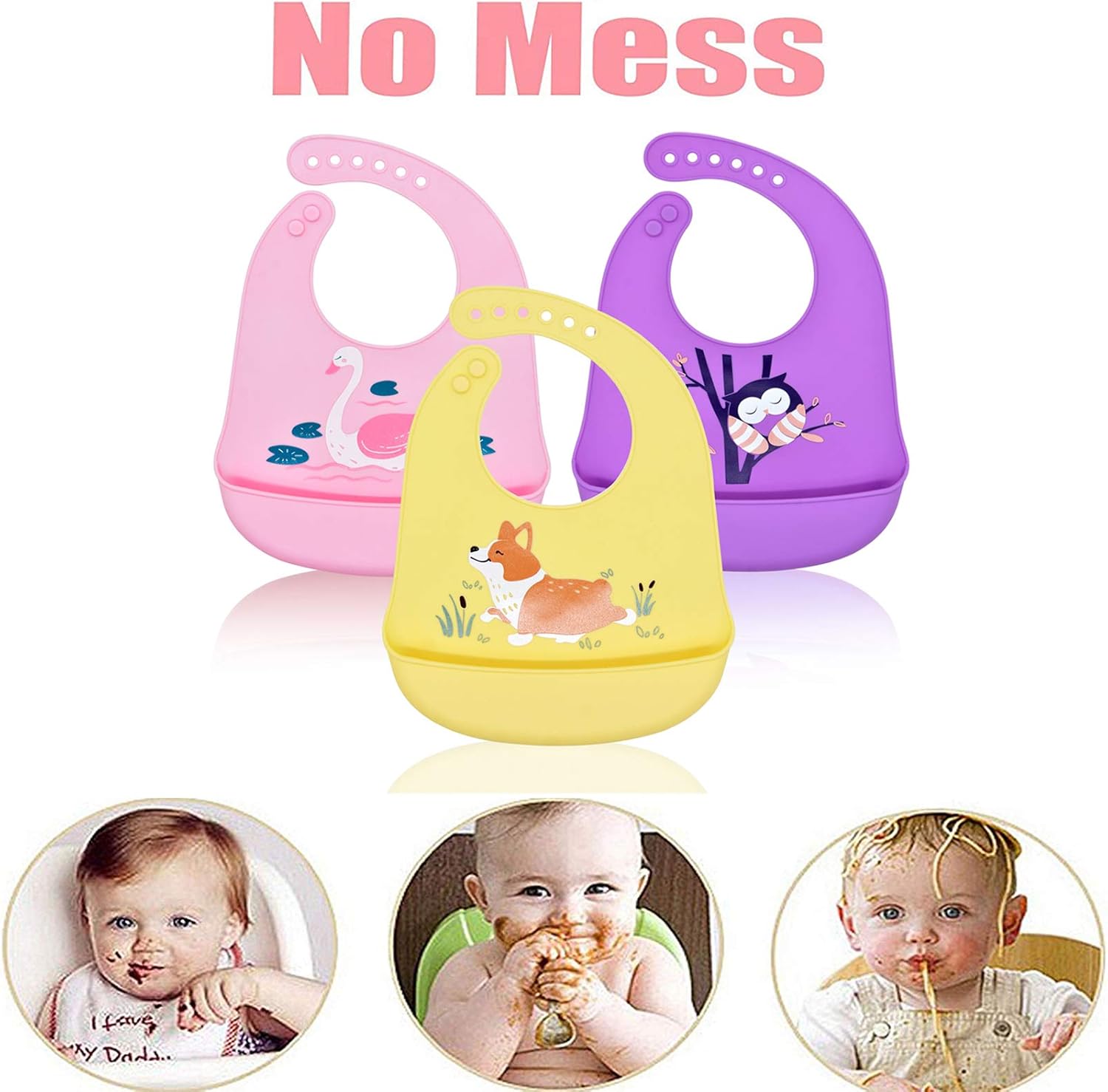 Baogaier Bavoir Fille Impermeable Bavoir Dalimentation Silicon Col Bebe Enfant Bebe Rose Jaune Violet Bavette Bib Souple Ajustable Bavoir Plastique Recuperateur Leger Avec Grande Poche 3 Pcs Bavoirs Pour Les Repas Bavoirs