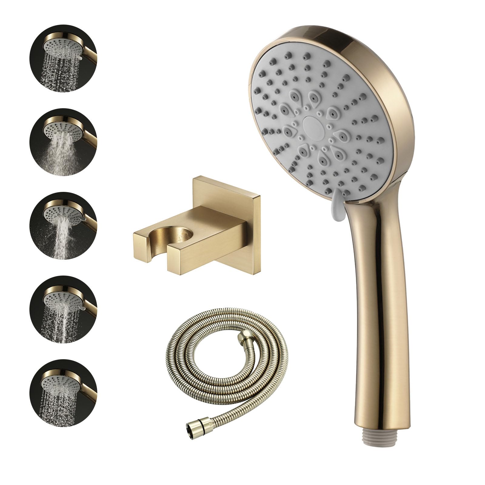 Soffione Doccia 5 modalità Oro Spazzolato, Doccetta Alta Pressione con Supporto in Ottone e Flessibile 1,5m, Doccino per Doccia Anticalcare e Risparmio Idrico, per Bagno e Vasca