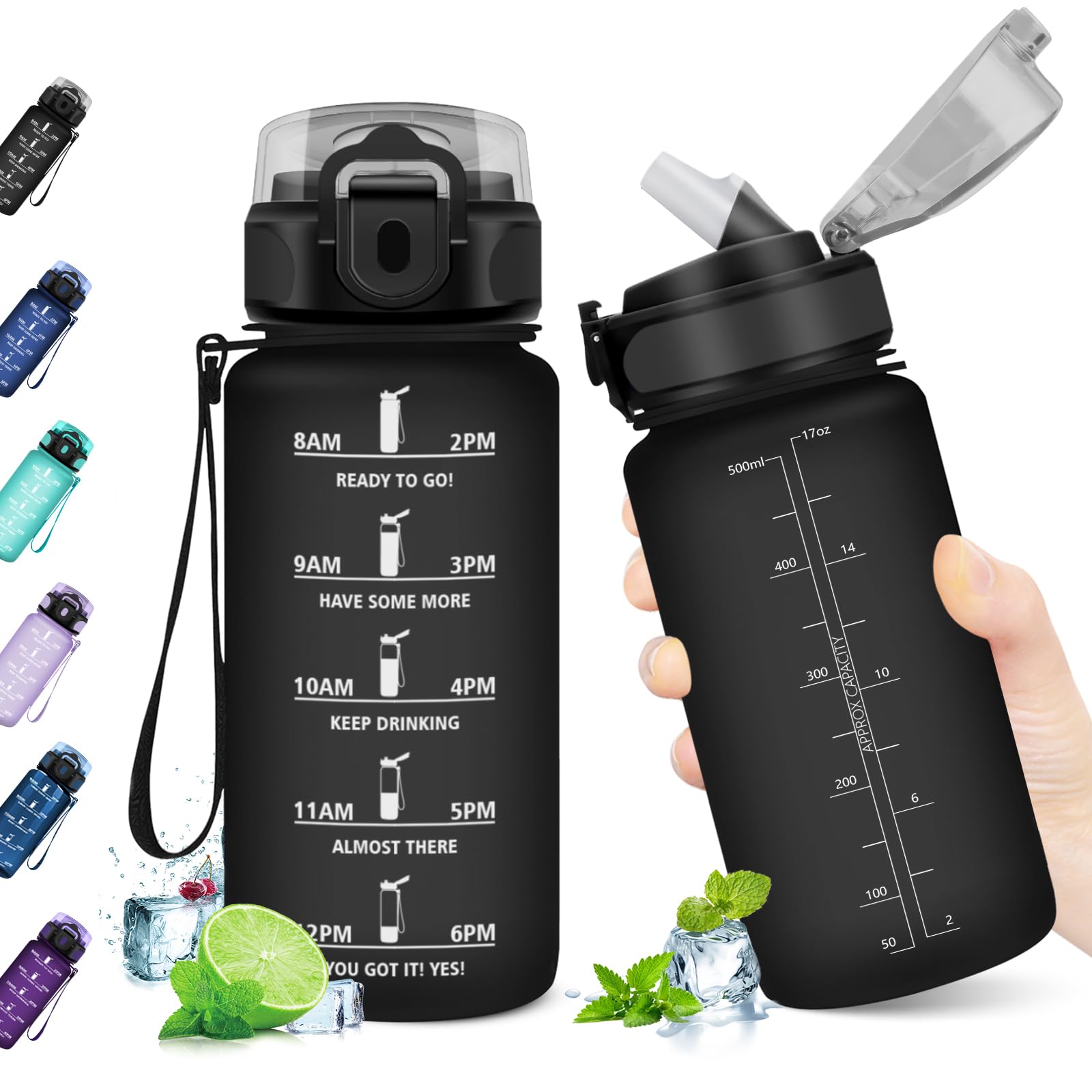 JAPORIA 500ml Sports Water Bottle with Straw, Time Indicator & Reusable Bottle, Leak-proof Motivational Water Bottle for Sports, School, Gym
