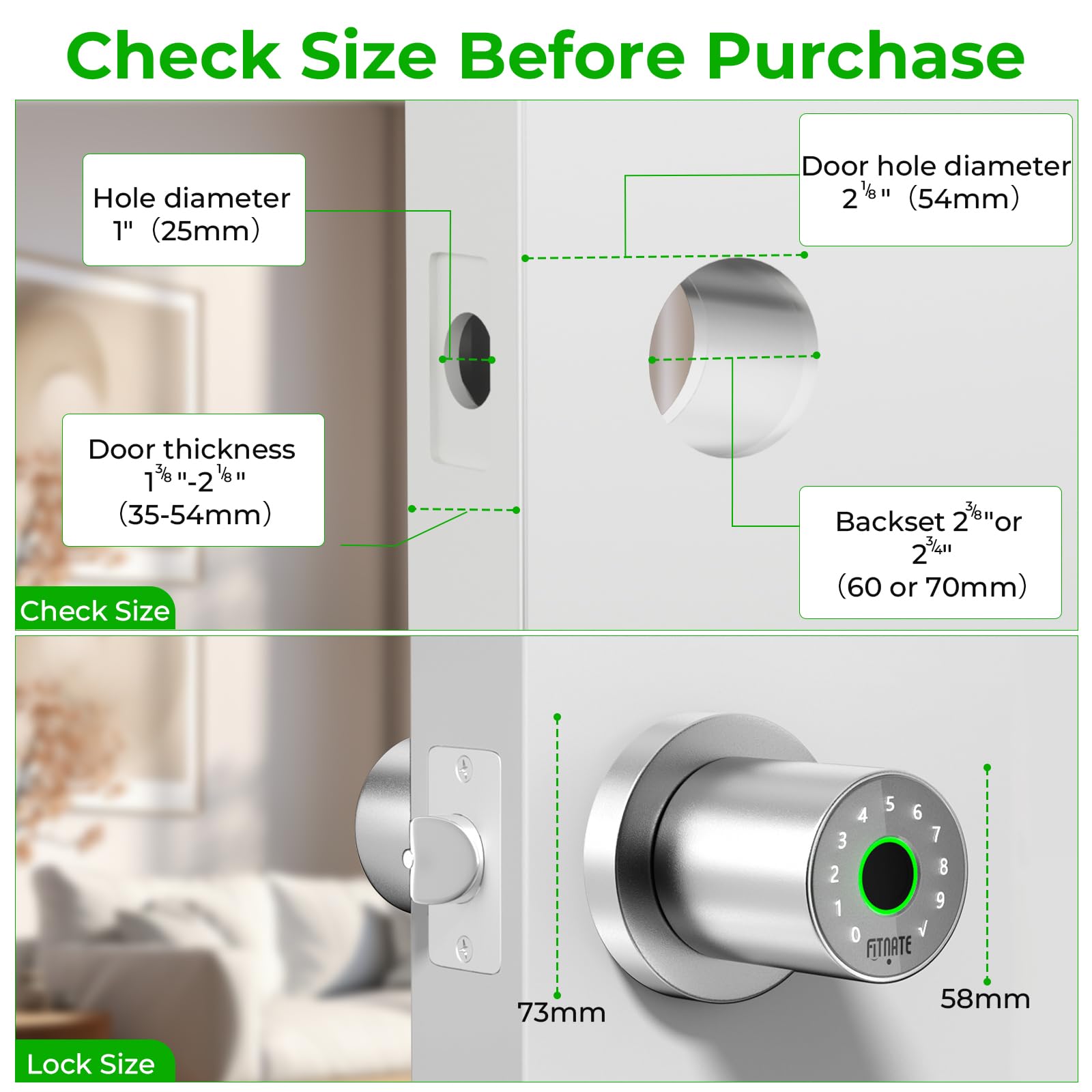 FITNATE 4 en 1 Smart Fingerprint Door Lock - Desbloqueo por huella dactilar, desbloqueo por contraseña, control por aplicación, llave de emergencia, apto para oficina, hogar y hotel, plateado