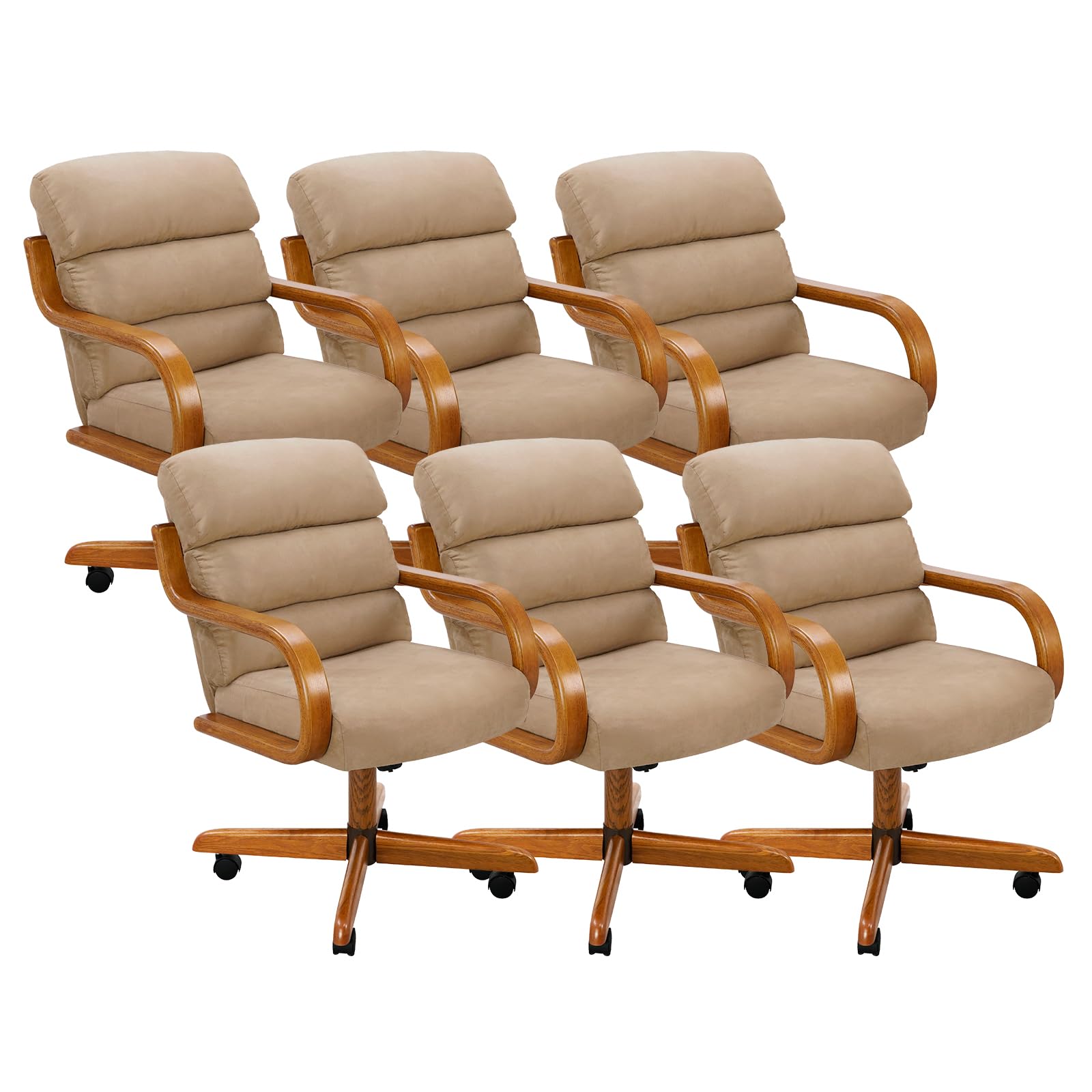 Chromcraft Set of 6 Chairs Swivel Tilt Fabric Chairs, Wooden Arm Metal Pedestal Base with Wheels for Kitchen Room