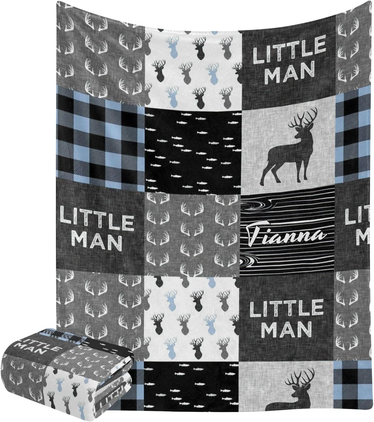 Personalized Baby Bear Patchwork Buffalo Plaid Blanket with Name Text Custom Super Soft Fleece Throw Blankets for Couch Sofa Bed 50 X 60 inches