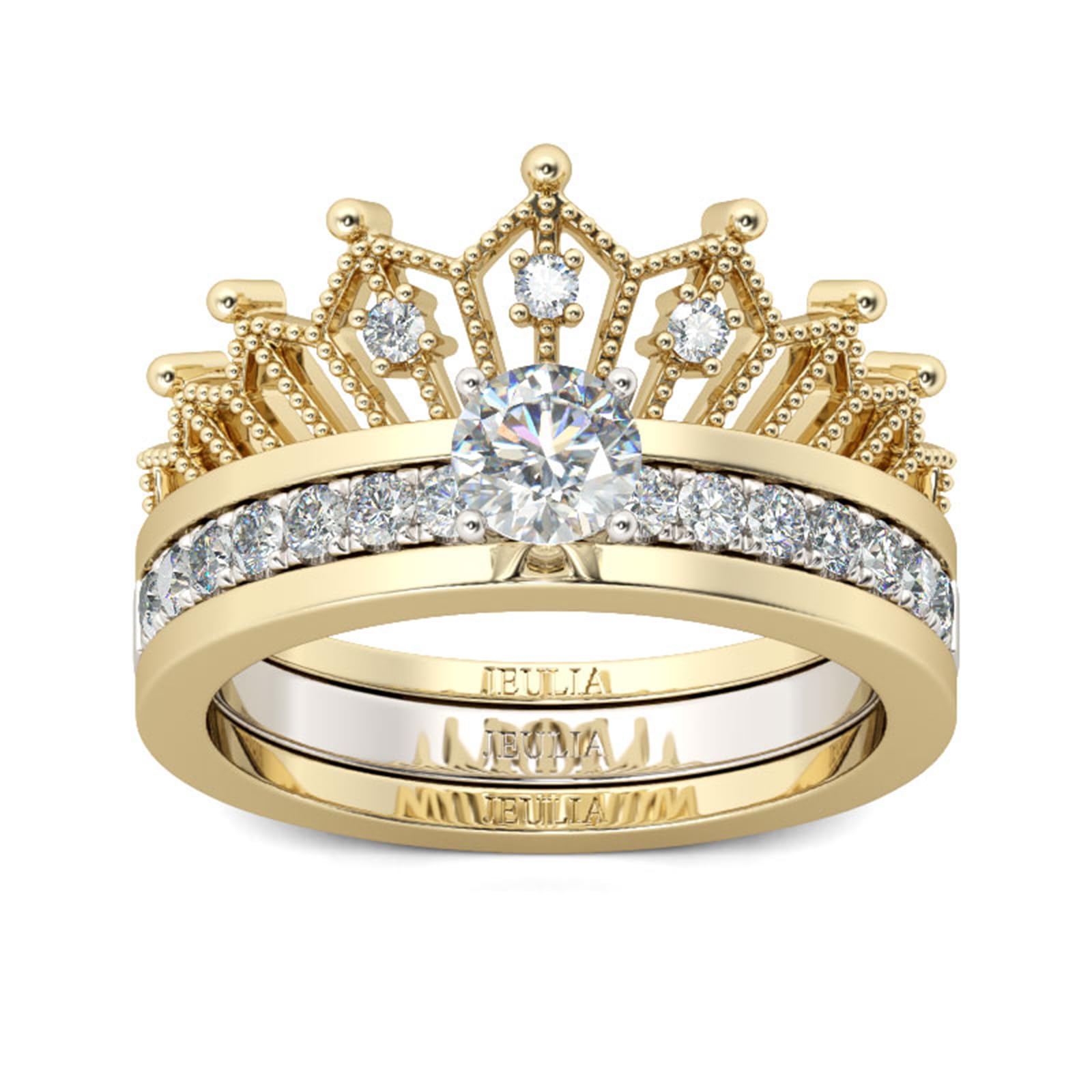 2 Stück Krone Damen Ringe Set Vergoldet Sterling Silber Verlobungsring Rundschliff Zirkonia Diamant Solitärring Antragsring Mit Geschenkverpackung Geschenke für Party Jubiläum Geburtstag