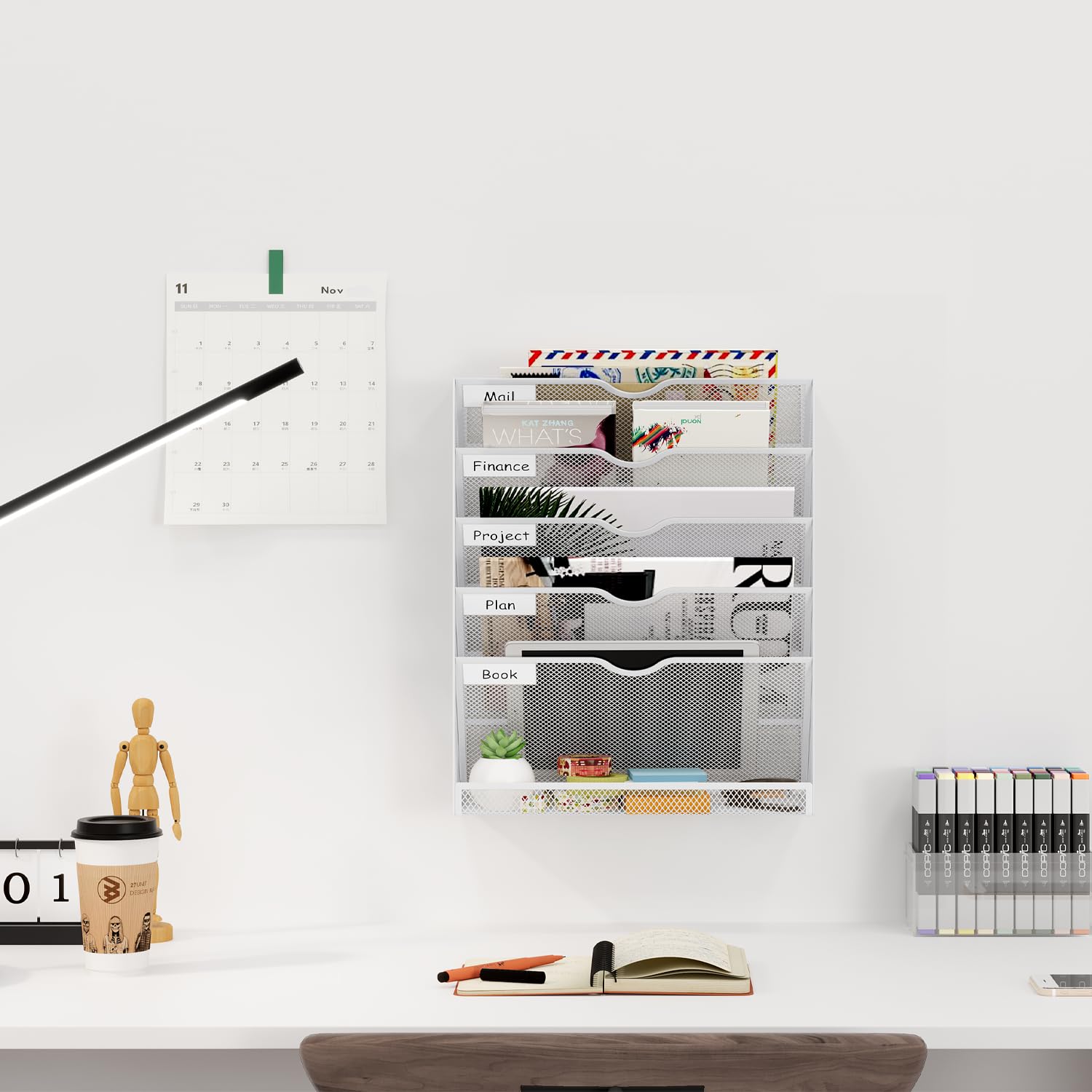 6 Fächer Zeitschriftenhalter Wand wandregal für ordner Hängend Dateiordner Organizer Wandablagefächer mit flachem Bodenfach Datei Etiketten Metall,Weiß