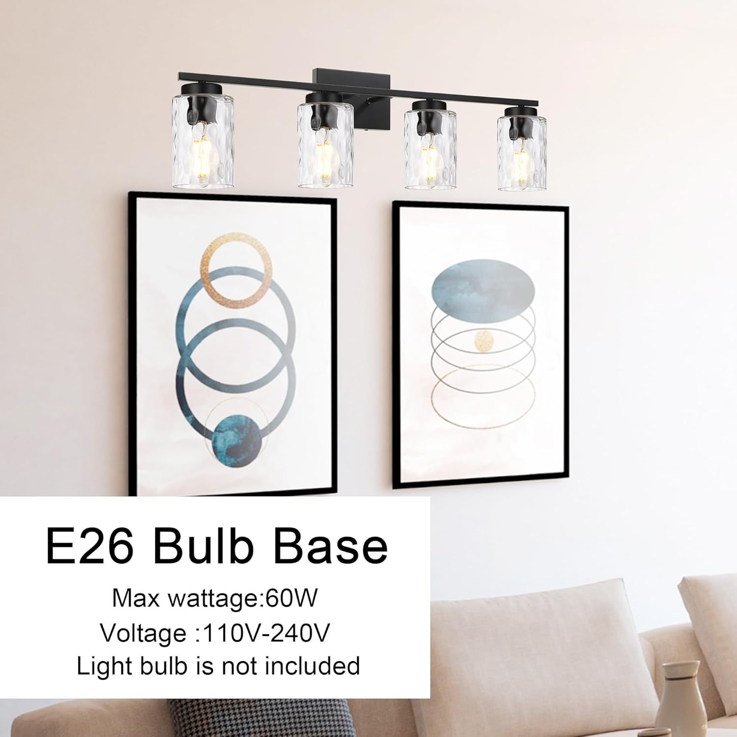 4 Light Bathroom Vanity Light Fixture Over Mirror, Black Bathroom Wall Sconce Lighting Fixtures Indoor with Clear Hammered Glass Wall Mount Lighting for Porch Kitchen Bedroom Bedside,Hallway