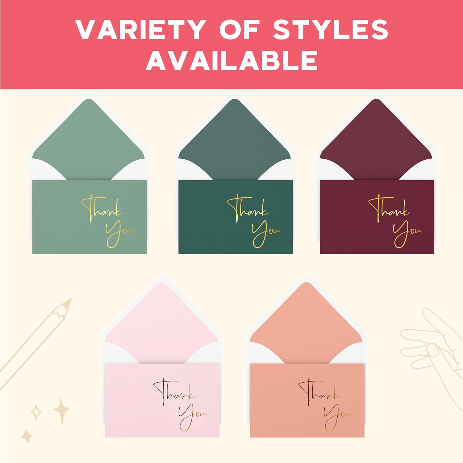 VNS Creations Gold Foil Thank You Cards With Envelopes Bulk Set & Stickers - 100 Pack 4x6 Blank Thank You Notes Set - Large Note Card Small Business, Wedding, Baby Shower & Bridal Shower - Post Green - Image 4