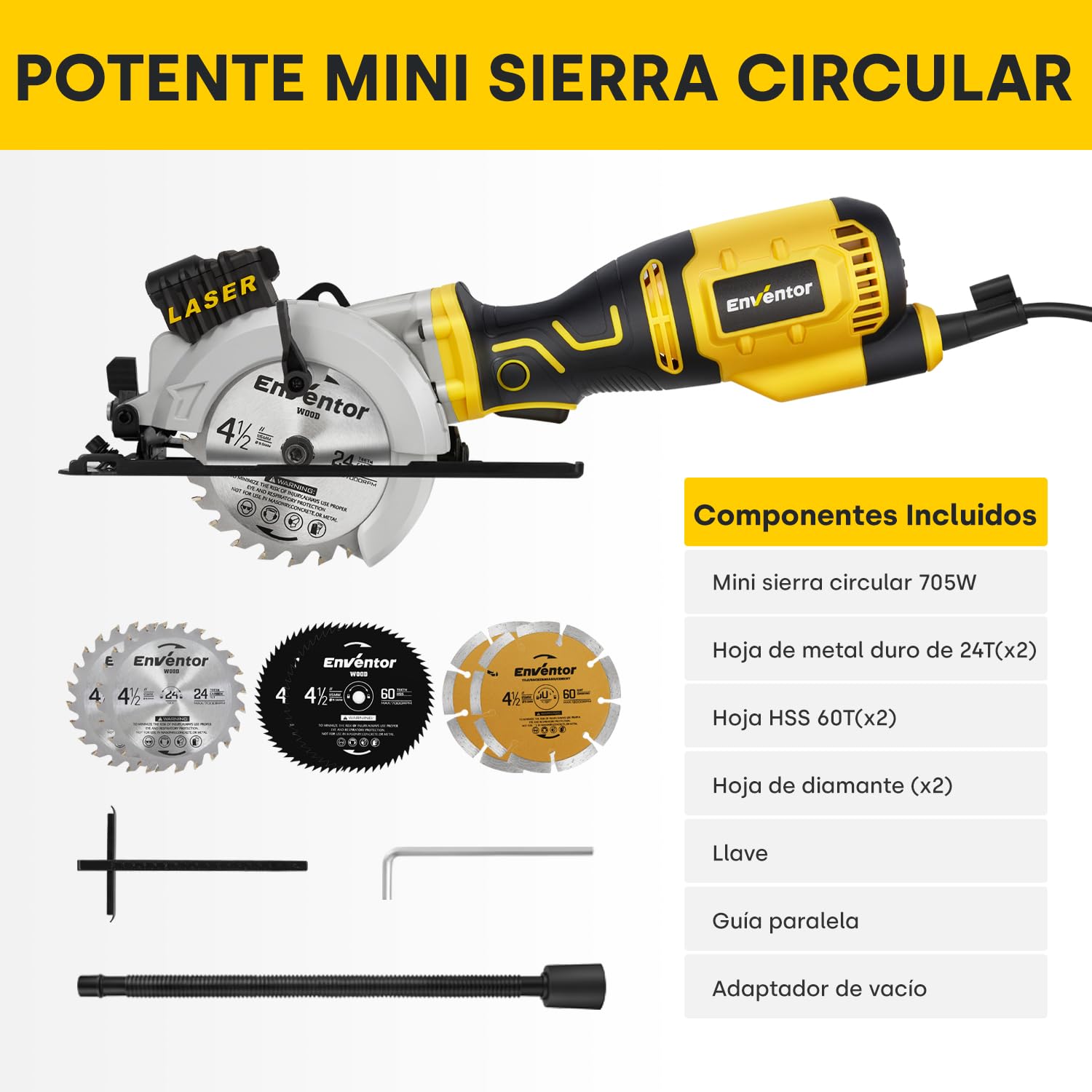 ENVENTOR Mini Sierra Circular 705W, Mini Sierra Circular de Mano 3500RPM, Guía Láser, 6 Hojas de Ø115mm, Corte: 42.8mm/90º, 28mm/45º, para Cortar Azulejo, Madera, Metal Blando