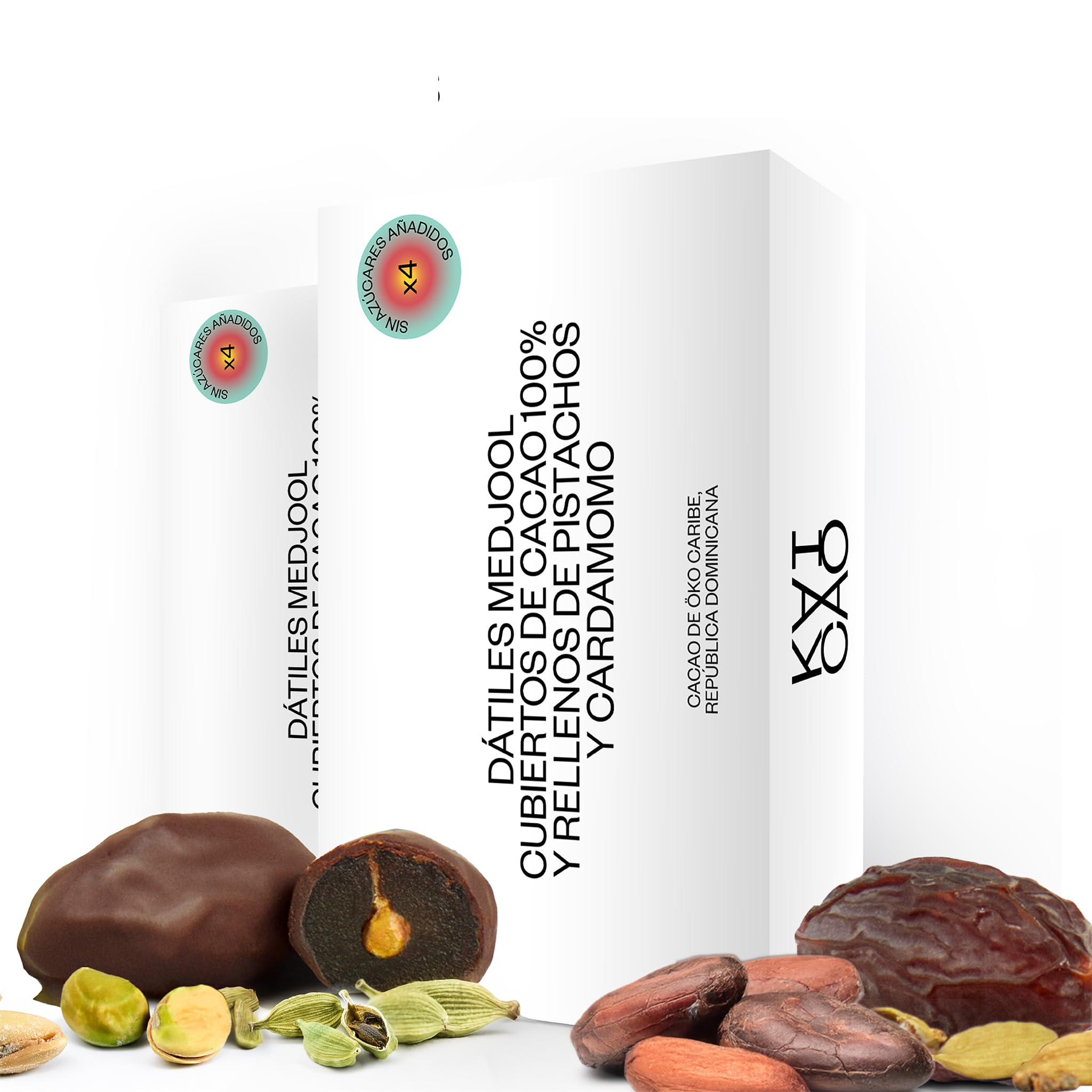 Kaicao Dátiles Medjool - Rellenos de Pistacho y Cardamomo, Cubierto con Chocolate 100% Cacao Origen Oko, República Dominicana - Sin Azúcar Añadida - Snack Saludable - Dátil - Pack de 8 Dátiles