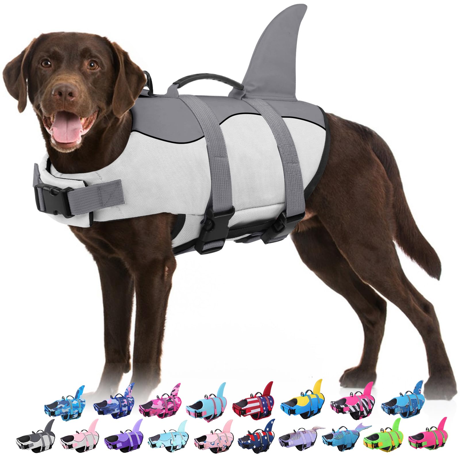 Bess Bridal Dog Life Jacket - Shark Life Vest for Swimming Boating - Reflective Lifejacket Swimsuit for Small Medium Large Dogs - High Buoyancy Lifesaver Preserver with Rescue Handle, Grey Shark M