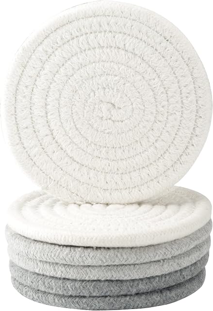 Coasters for Drinks, Vintage Woven Coasters for Table Protection, Water Absorbent Coaster Set, Handmade Braided Fabric Coasters Heat-Resistant (Dark Grey, Light Grey, Beige, 6)