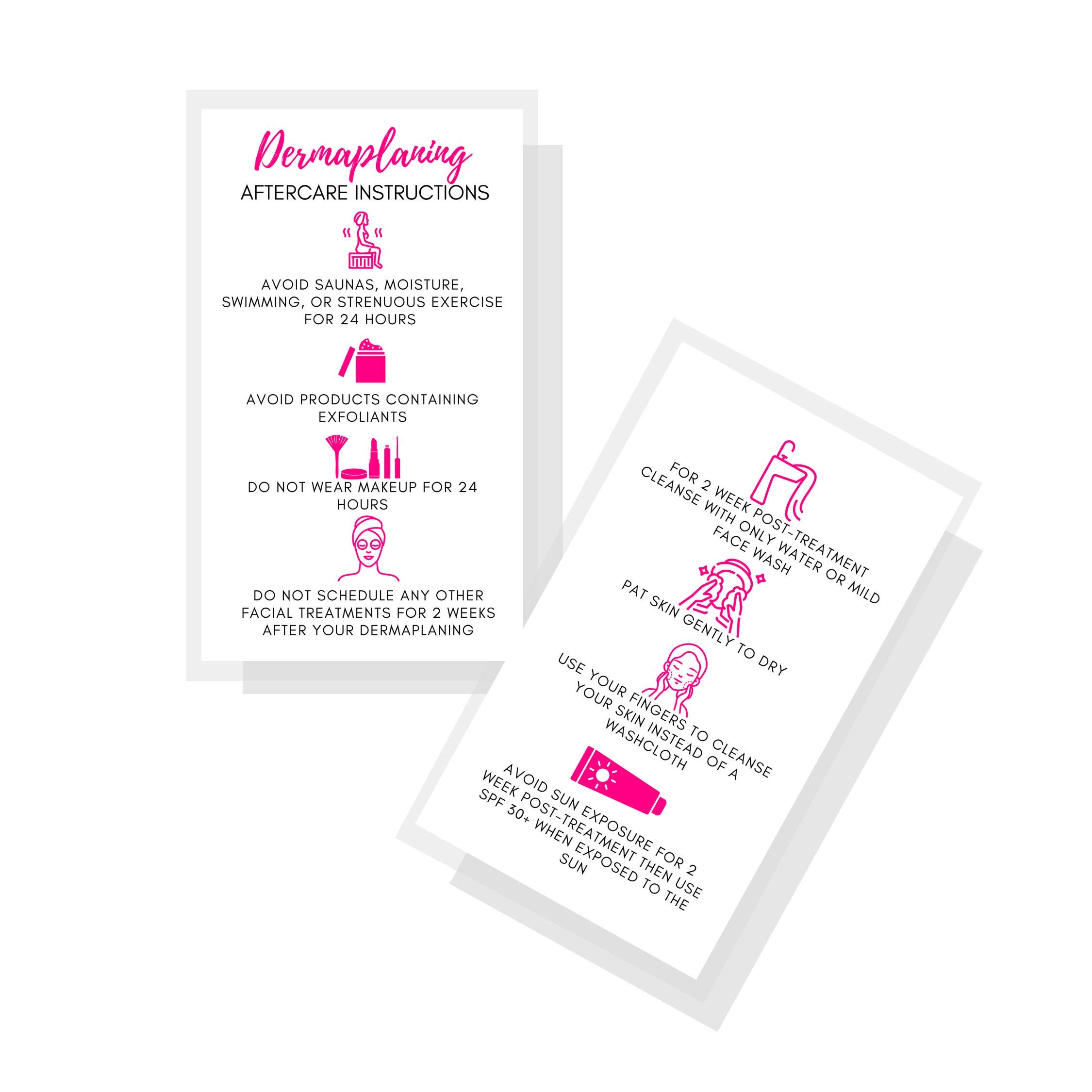 Boutique Marketing LLC Dermaplaning Aftercare Cards | 50 Pack | 2 x 3.5” inches Business Card Size | Microplaning Blading PMU | Aftercare Instructions White with Pink Icons Design