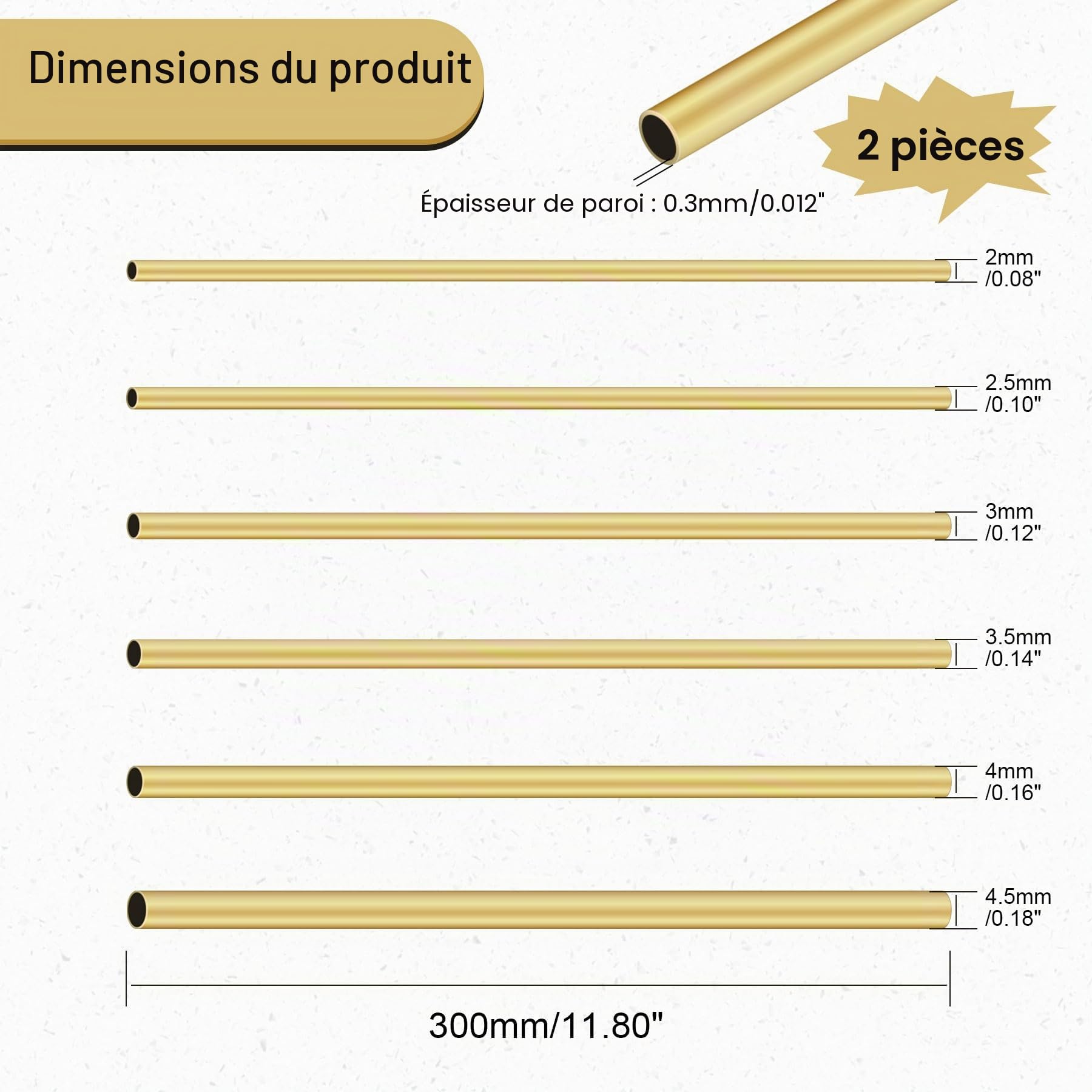 Lot de 12 tubes droits en laiton sans soudure - 2 mm, 2,5 mm, 3 mm, 3,5 mm, 4 mm, 4,5 mm de diamètre extérieur x 0,3 mm, épaisseur de paroi de 300 mm de long