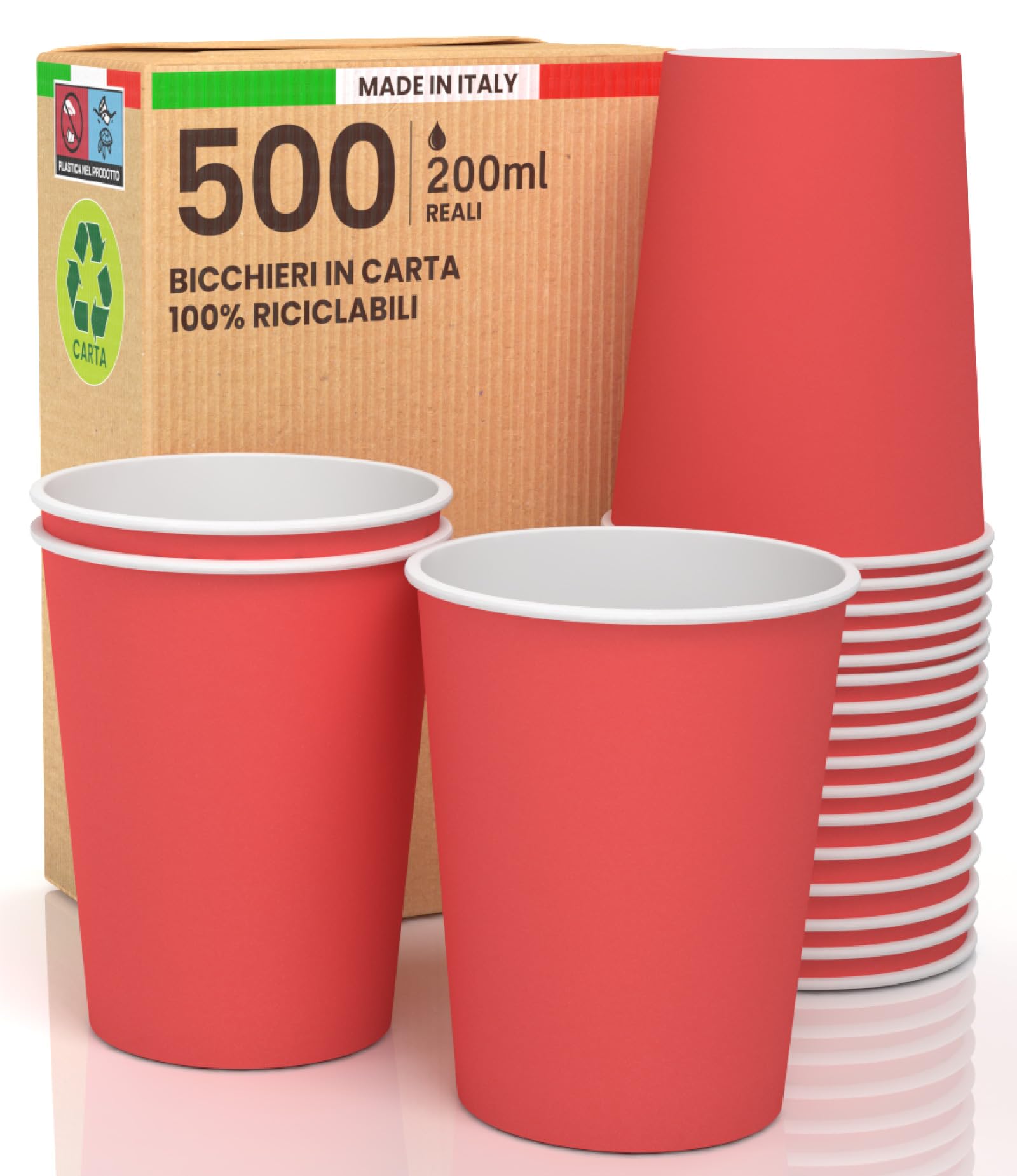 500 vasos de papel de 200 ml, ecológicos, biodegradables, desechables, fabricados en Italia, para llevar bebidas calientes, agua, de colores rojos, fabricados y envasados en Italia