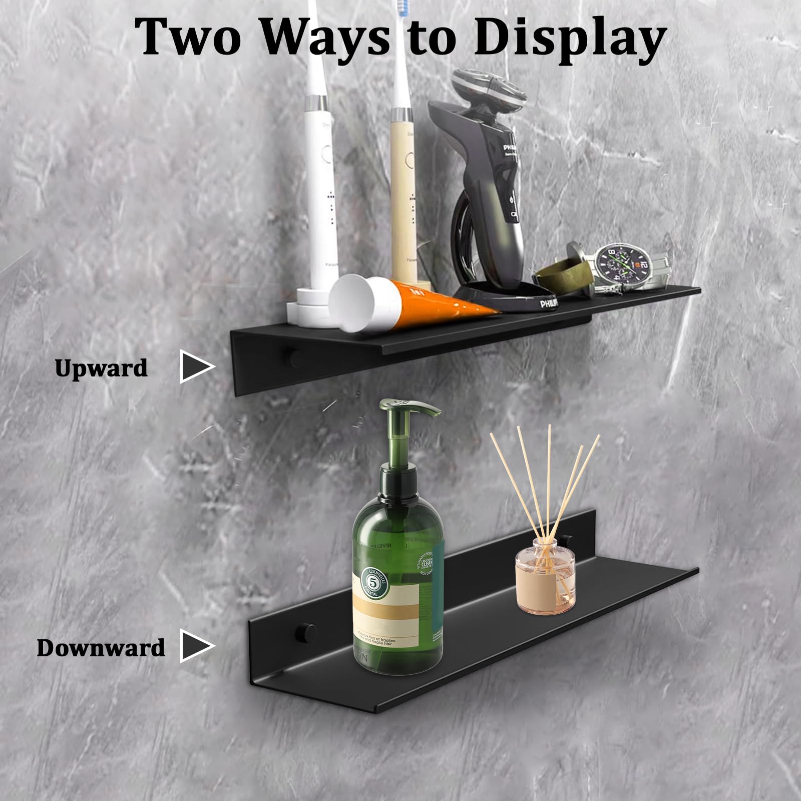 2 Pezzi Mensola da Muro Alluminio, Mensole Bagno Senza Foratura, Mensole Adesiva da Parete Mensola Galleggiante Moderne Bagno da Parete per Bagnos, Cucina, Camera da Letto, Soggiorno (Nero, 30CM