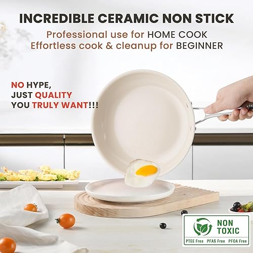 Miniatura 2 de Kikcoin Juego de sartenes antiadherentes de cerámica, 3 tamaños, sartenes para tortilla para cocinar, sartén para huevos de 8+9.5+11 pulgadas con