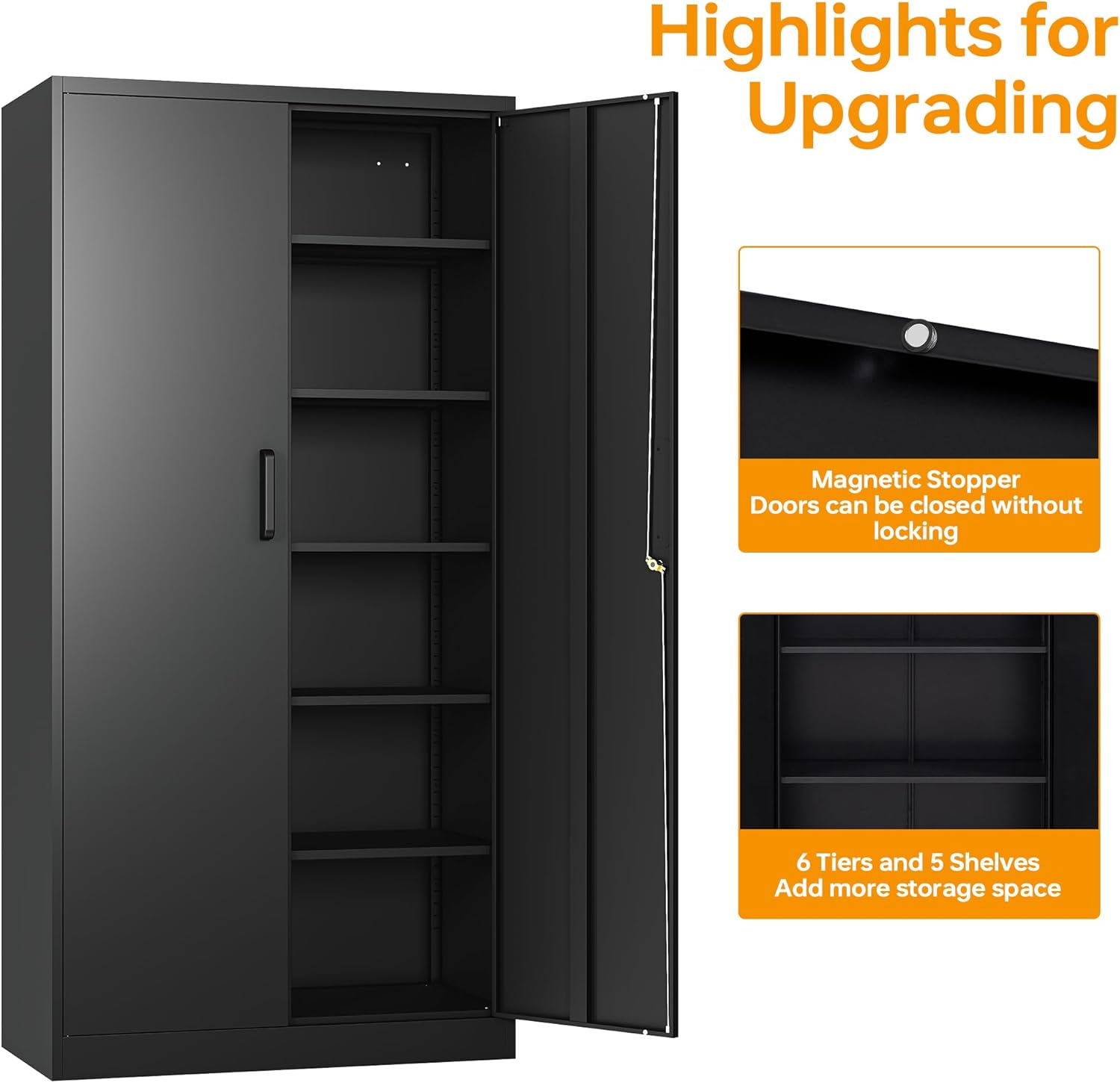 STANI Metal Garage Storage Cabinet with Lock, 71" Steel Lockable File Cabinet, Locking Steel Storage Cabinet with 5 Adjustable Shelves for Home, Office, Warehouse, Garage, School (Black)