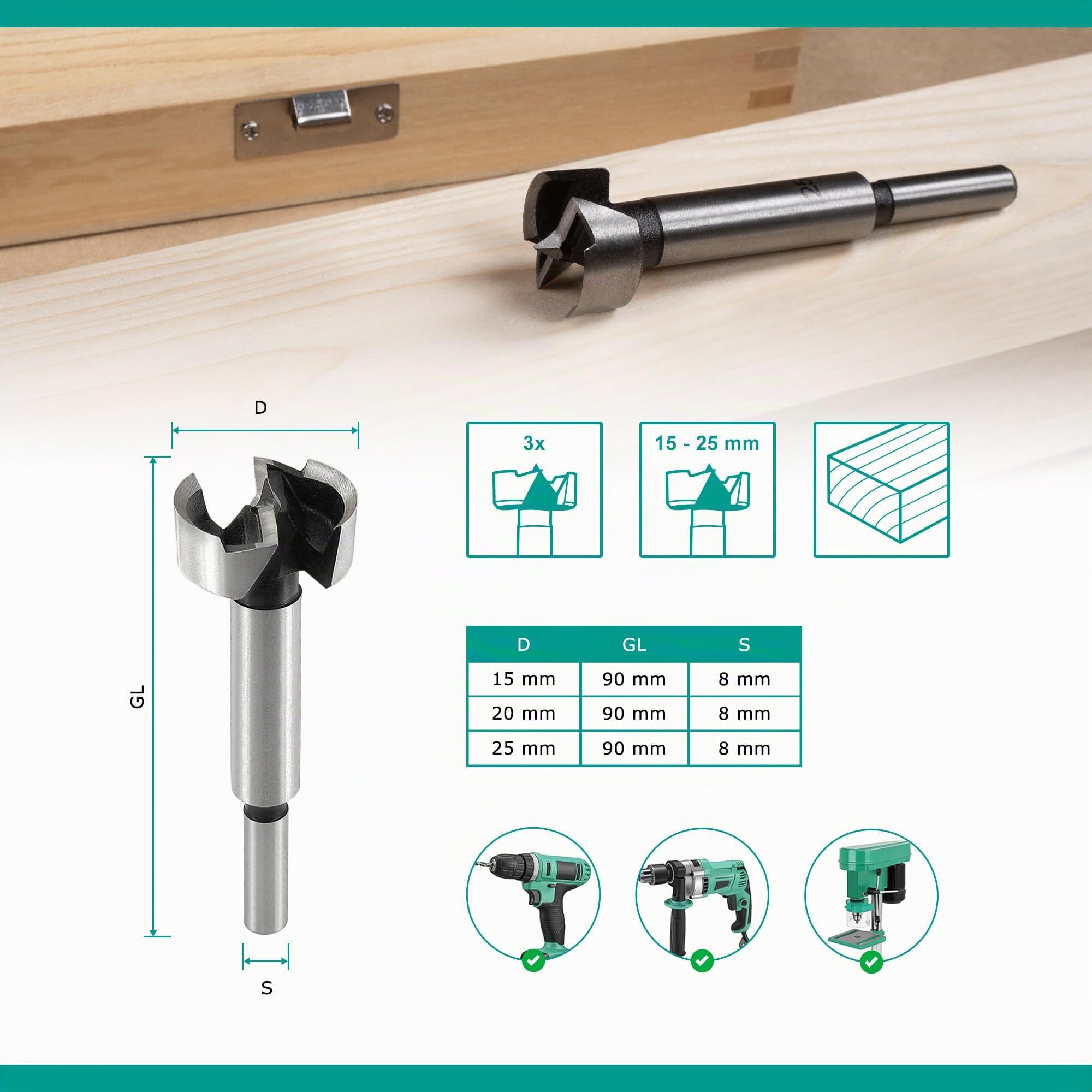 ENT 09151 Set da 6 pz. Fresa per tenoni e punte forstner per legno Ø 15, 20, 25 mm, in acciaio per utensili, per connettori, tasselli e tenoni in legno