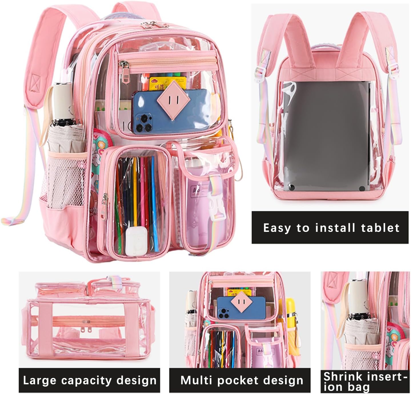 Clear Backpack for School Heavy Duty PVC Transparent Bag See Through Bookbag for Stadium Approved Women Girls (Cute, Pink) - Image 3