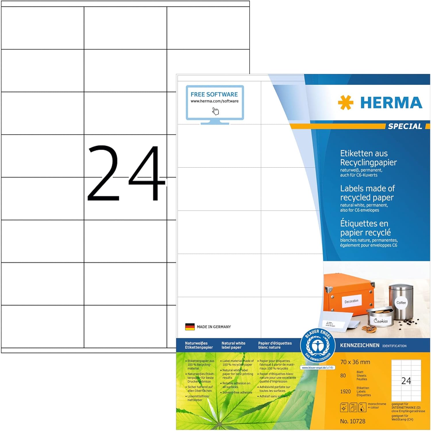 HERMA 10728 Recycled Labels DIN A4 (70 x 36 mm, 80 Sheets, Recycled Paper, Matte) Self-Adhesive, Printable, Permanent Address Labels, 1,920 Adhesive Labels, Natural White