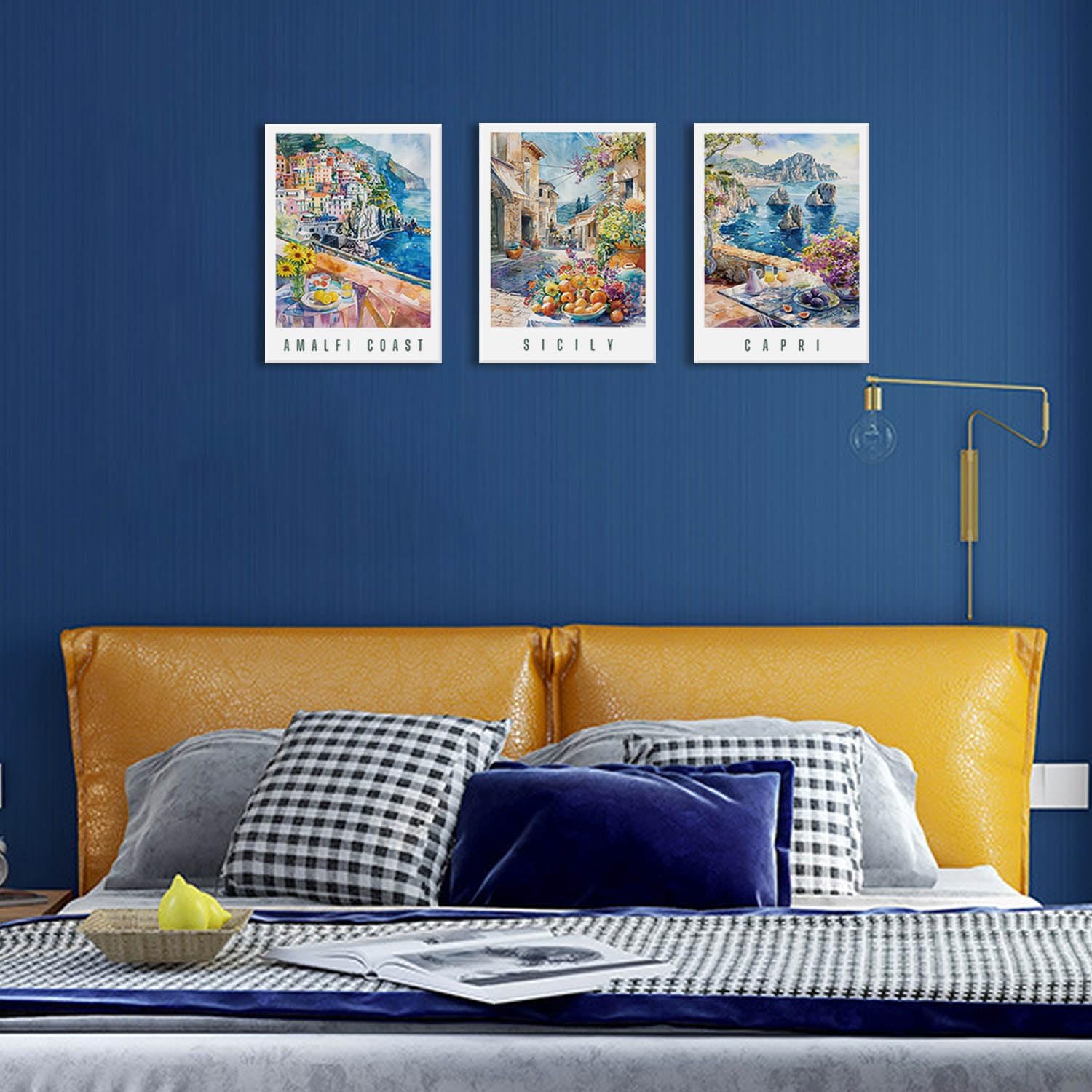 BingruiArt Italy Wall Art Canvas Amalfi Coast,Sicily,Capri,Italian Coastal Wall Decor Blue Beach Prints Posters Europe Landscape Painting for Living Room Bedroom Bathroom 3Pcs 12"x16" Framed