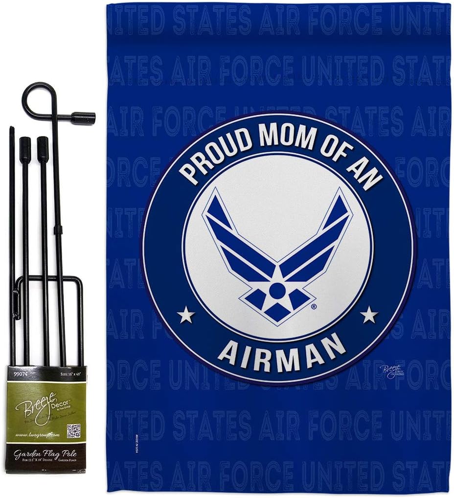 Proud Mom Airman Garden Flag - Set with Stand Armed Forces Air Force USAF United State American Military Veteran Retire Official - House Banner Small Yard Gift Double-Sided Made In USA 13 X 18.5