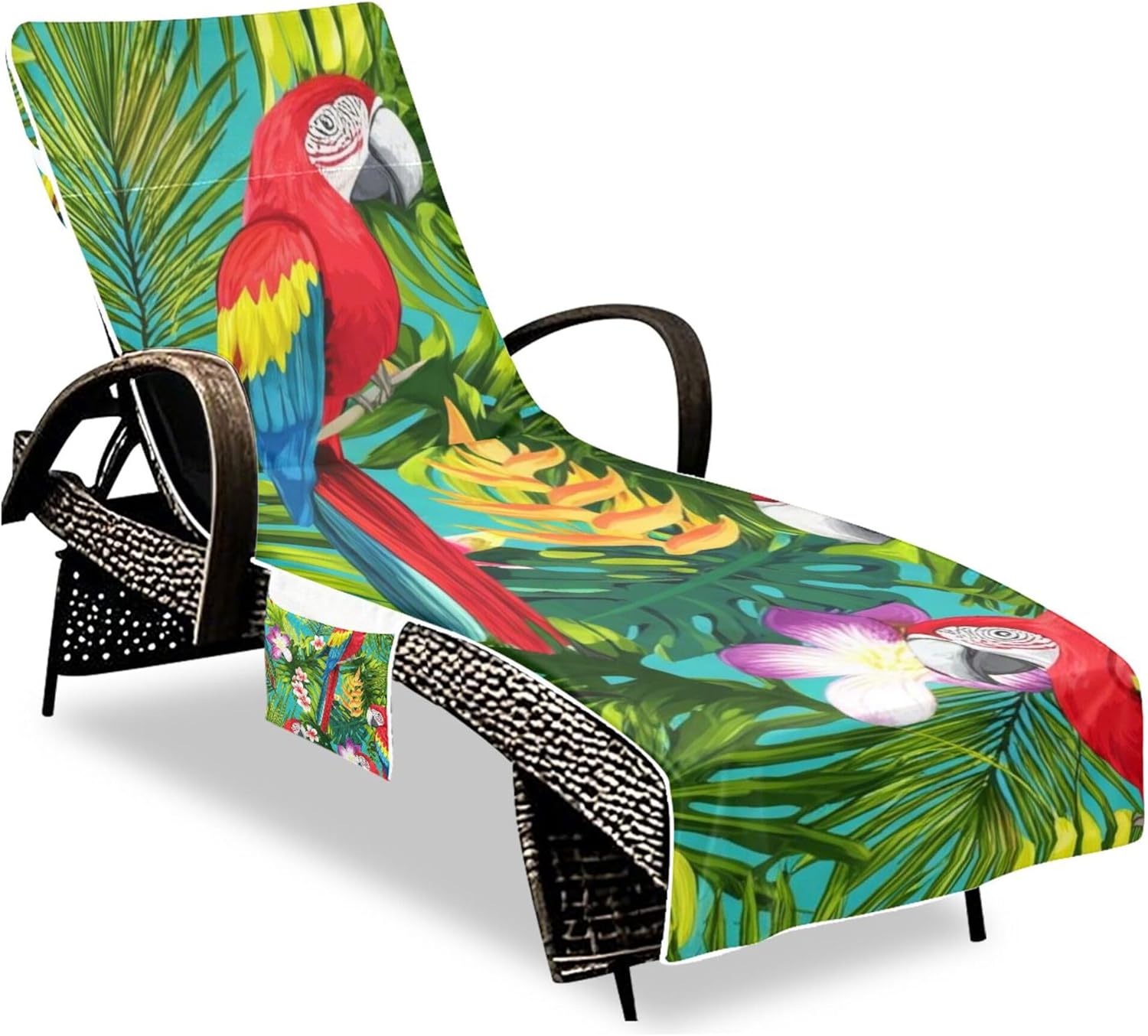 Colorful Parrot Tropical Leaves Chaise Lounge Cover Chair Towel Beach Pool Chair Towel with Pockets Lawn Beach Lounger 85" x 30"