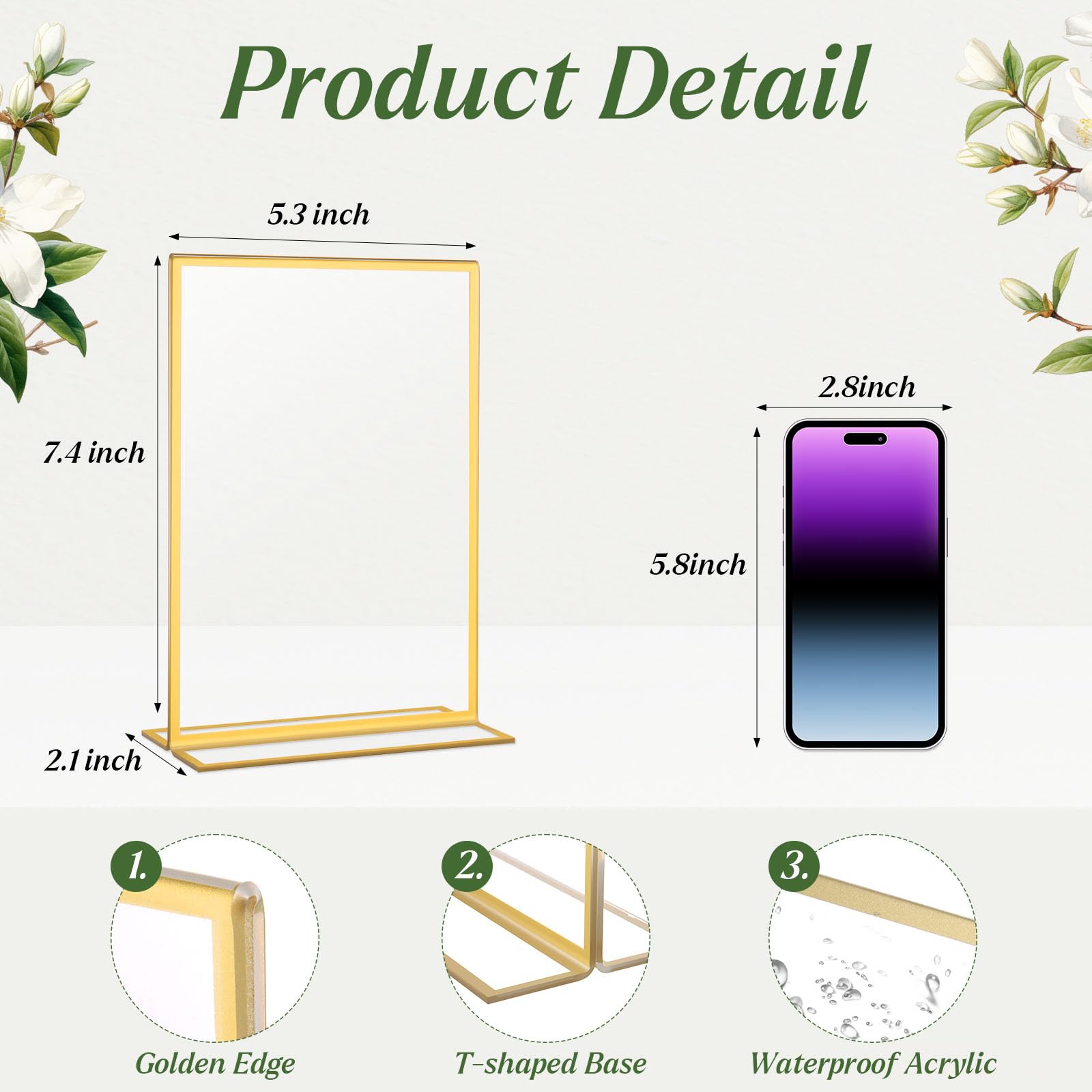 Paquete de 20 soportes acrílicos dorados de 5 x 7 pulgadas, soporte vertical de doble cara, soportes transparentes para menús de mesa para números de mesa de boda, letreros de restaurante | Marcos de fotos transparentes de doble cara para números de mesa