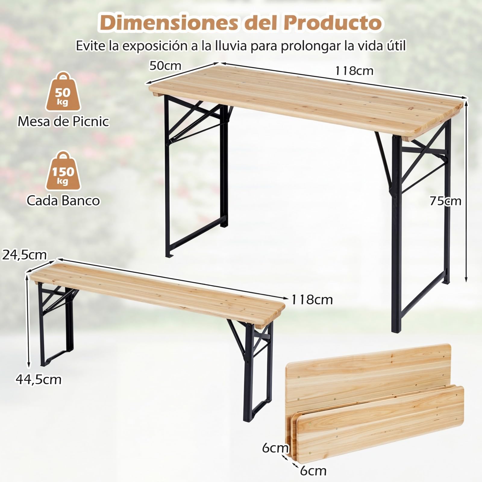 COSTWAY Conjunto de Mesa y 2 Bancos de Exterior, Mesa de Comedor y Bancos Plegables de Madera de Abeto con Estructura Metálica, sin Montaje, Ideal para Acampadas, Picnics, Natural