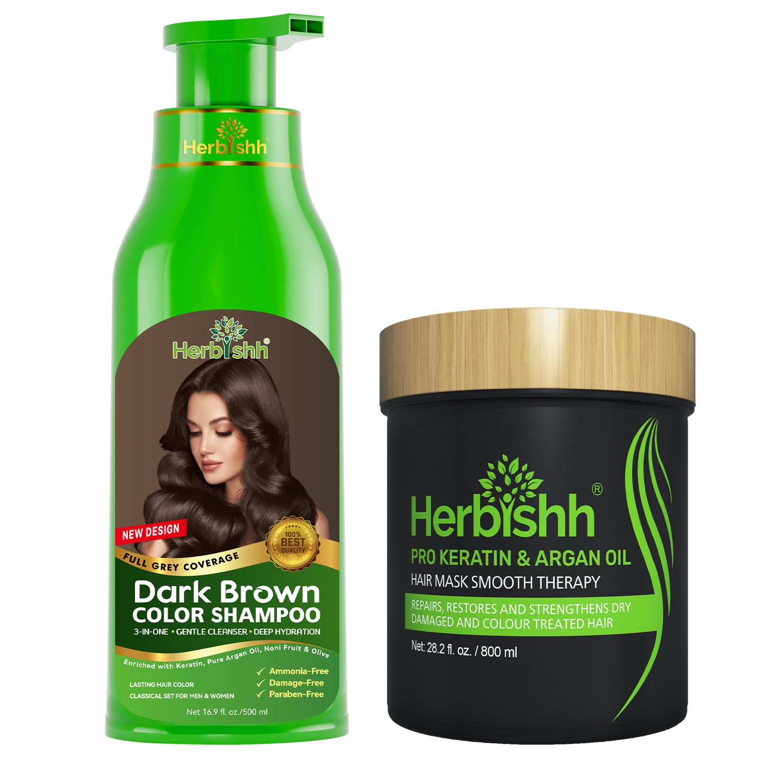 Herbishh Hair Color Shampoo for Gray-500 mL (Dark Brown) + Argan Hair Mask-Deep Conditioning & Hydration For Healthier Looking Hair