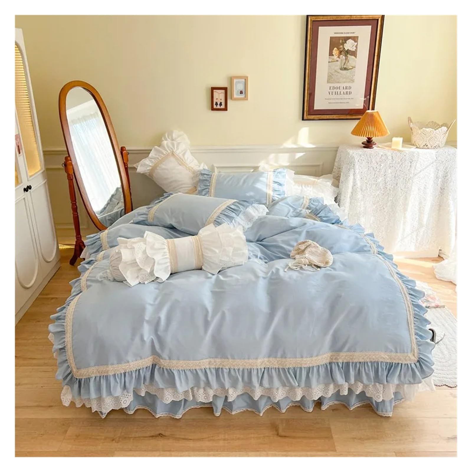 Linge de lit en coton égyptien blanc et bleu, parure chic haut de gamme avec jupe élastique