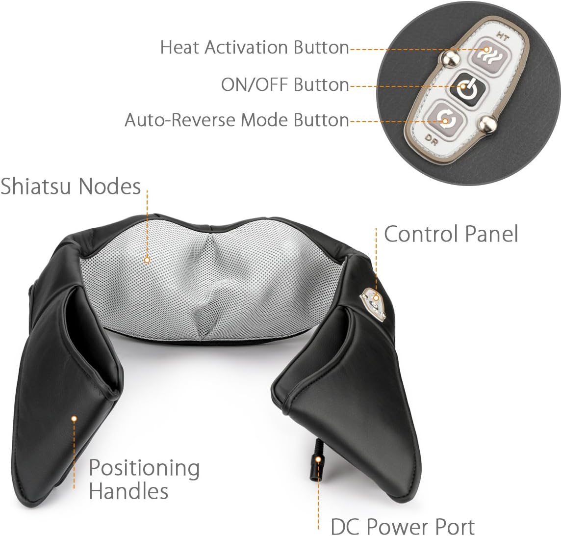 1byone Shiatsu Deep-Kneading Massager with Heat and Car Adapter for Neck, Shoulder, Back, Arms, Legs Massage