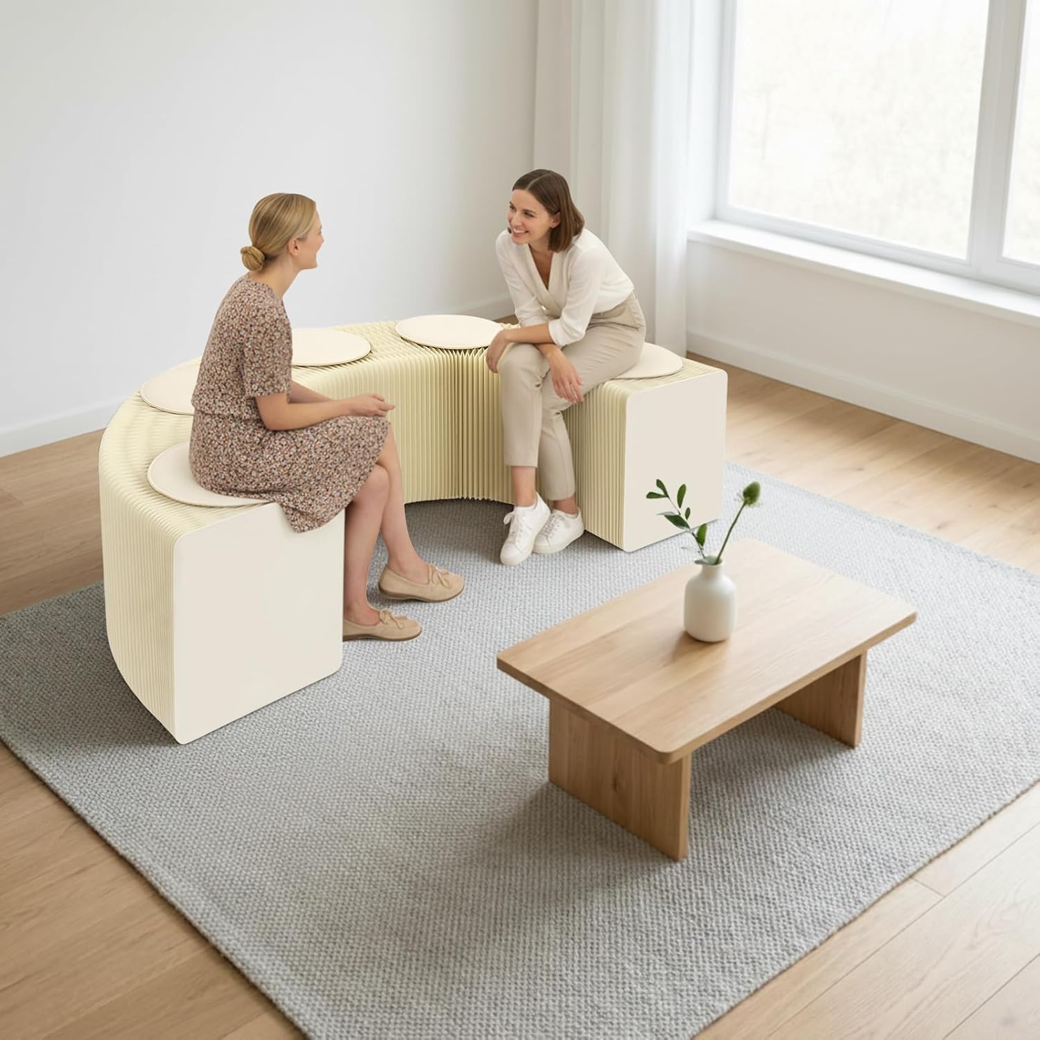 98" Accordion Kraft Paper Bench with 5 Cushions – Folding Honeycomb Stool, Collapsible Portable Seating for Home, Office, Entryway, Small Spaces, 1100 lbs Max Load, White