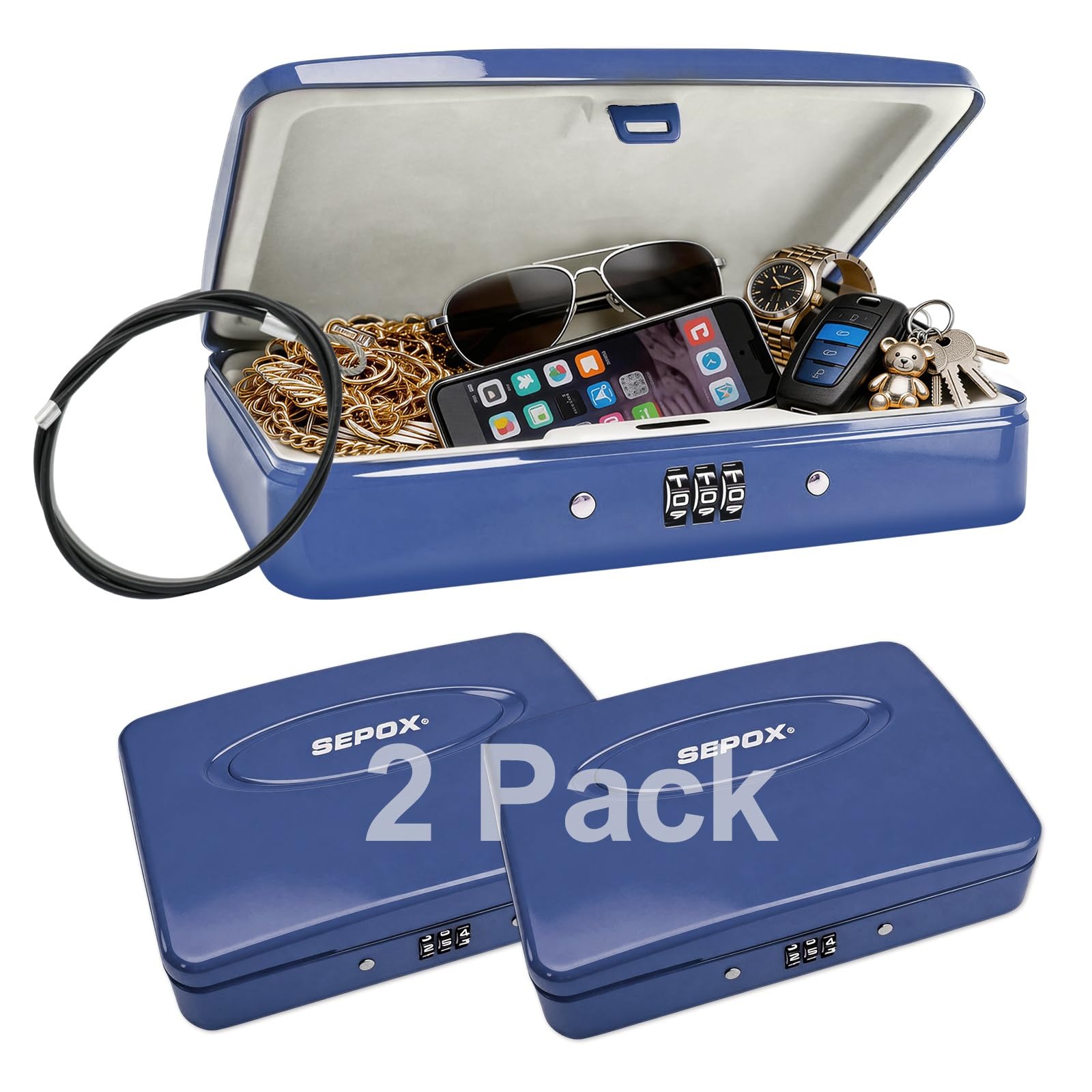 SEPOX® Twins Boîte de sécurité portable en acier pour petits articles, avec câble de 0,9 m et serrure à combinaison réglable pour dortoir, voiture, sport, bureau (bleu)