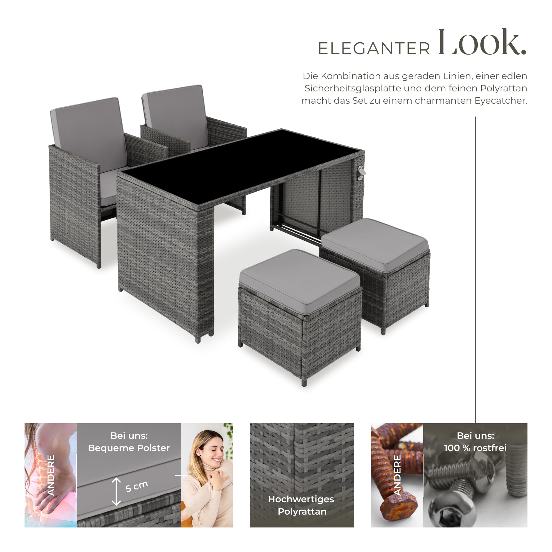 tectake Poly Rattan Sitzgruppe, 5- teiliges Lounge Gartenmöbel Set mit Tisch, Sessel & Hocker, Essgruppe für bis zu 4 Personen, Garten und Balkon Möbel inkl. Polster - grau