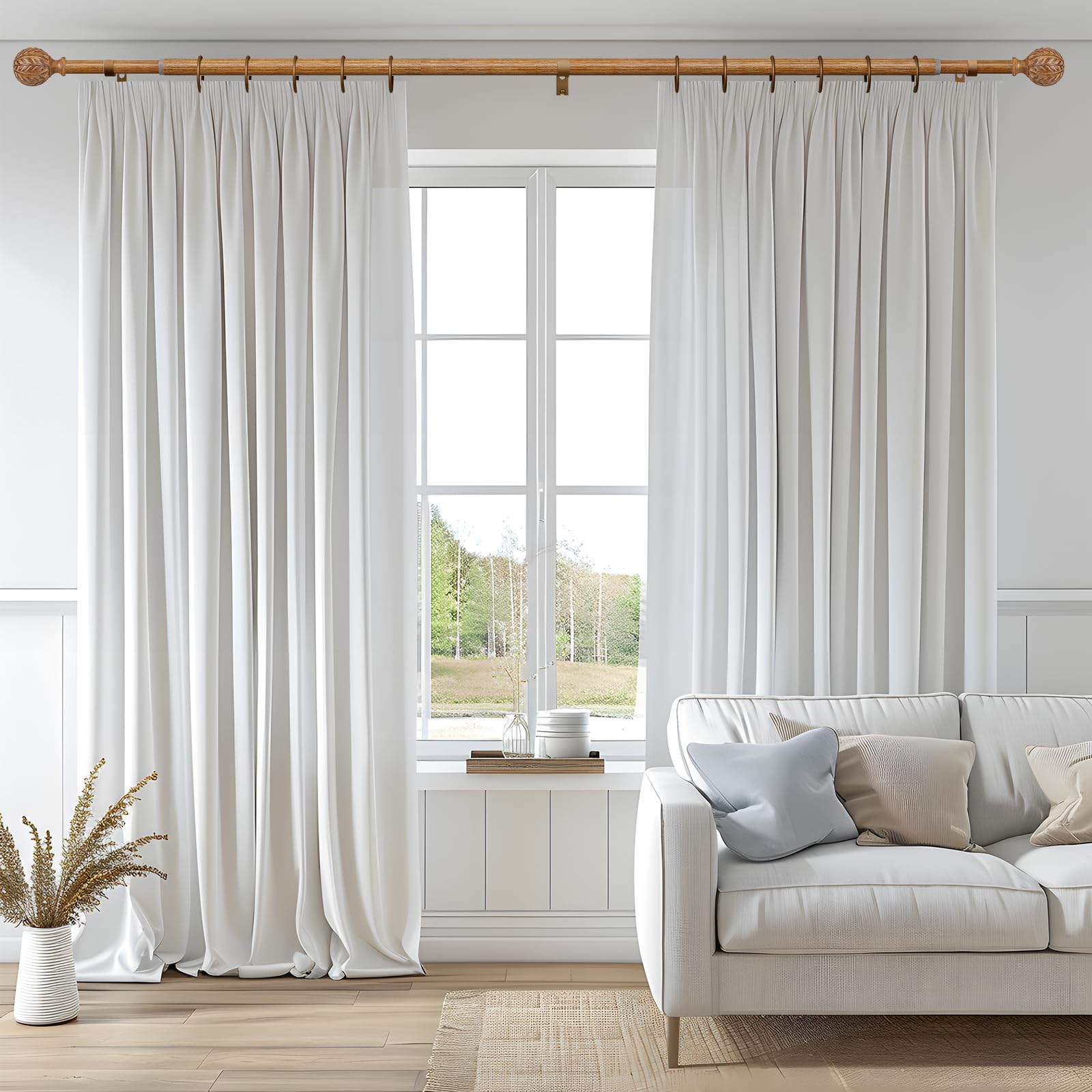 QDWIS 2 Pack Wood Curtain Rods for Windows 48 to 84 Inch, 1'' Adjustable Decorative Drapery Rods with Imitation Wood Grain Leaf Pattern Finials, Boho Heavy Duty Window Curtain Rods Set 36''-88''