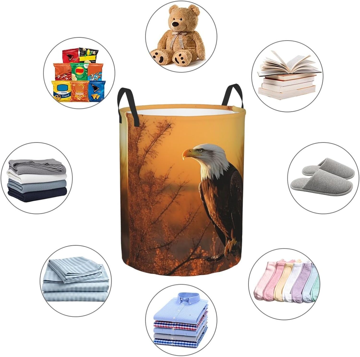 Golden Sunset Bald Eagle Laundry Basket With Handles, Foldable Laundry Hamper Oxford Cloth Dirty Clothes Basket Waterproof Clothes Toys Storage Bin Organizer for Bedroom Bathroom Dorm
