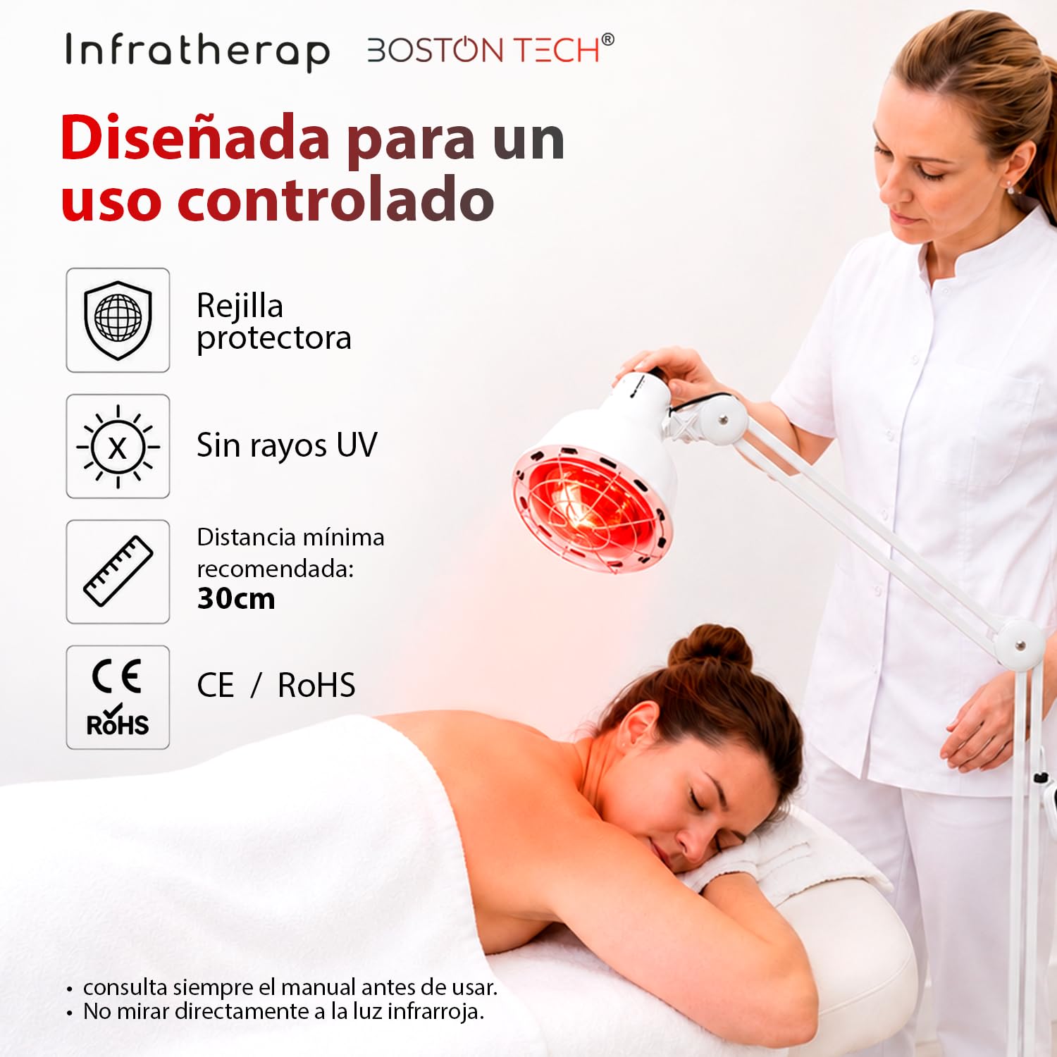 Boston Tech Lámpara Infrarroja WE108 275 W, Lámpara de Calor para Termoterapia y Fisioterapia, Base de 5 Patas con Ruedas, Mando, Temporizador, 3 Niveles y Accesorio de Mesa.