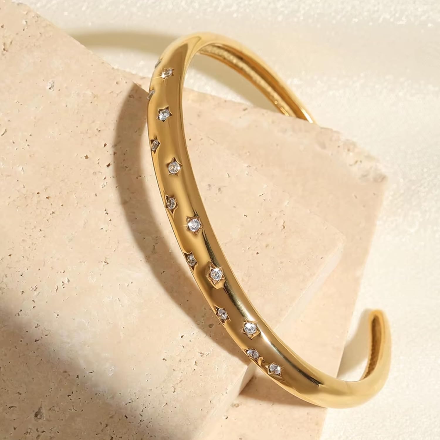 QueenBee 14K Gold Silver Open Cuff Bangle Bracelet, Dainty Starburst CZ Zirconia Elegant Gold Statement Bracelet for Women, Adjustable Minimalist Jewelry Birthday Wedding Gift for Her - Image 3