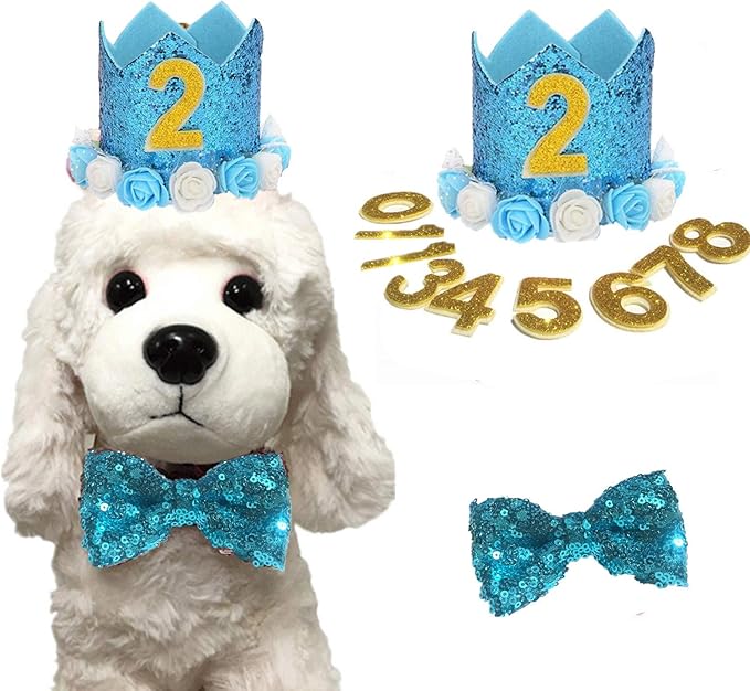 Amazon ペット 誕生日帽子 蝶ネクタイ 犬 猫 花 王冠 数字付き クラウン キラキラ おしゃれ クリスマス 記念日 誕生日グッズ 2個セット ブルー Kingsie 帽子 通販