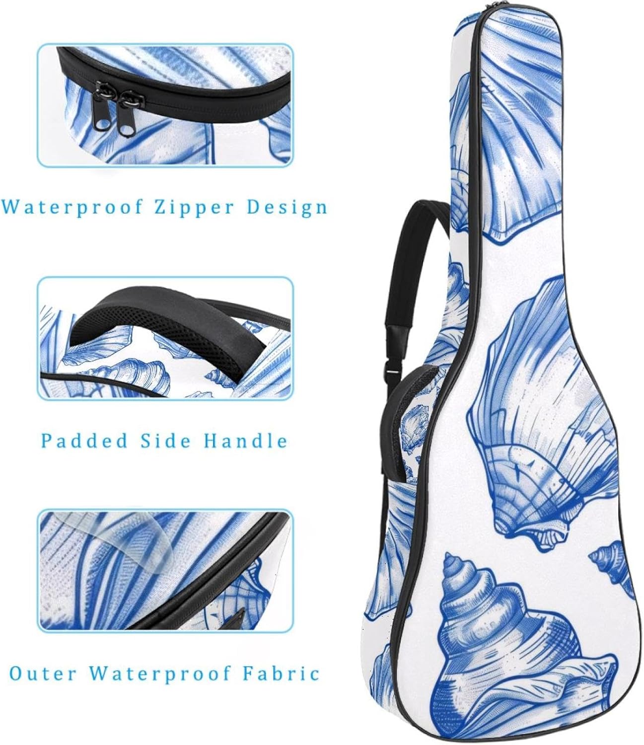 40 41 42 Inch Guitar Bags, Waterproof Padded Acoustic Guitar Case Backpack with Adjustable Shoulder Strap & Pockets, Blue Seashells