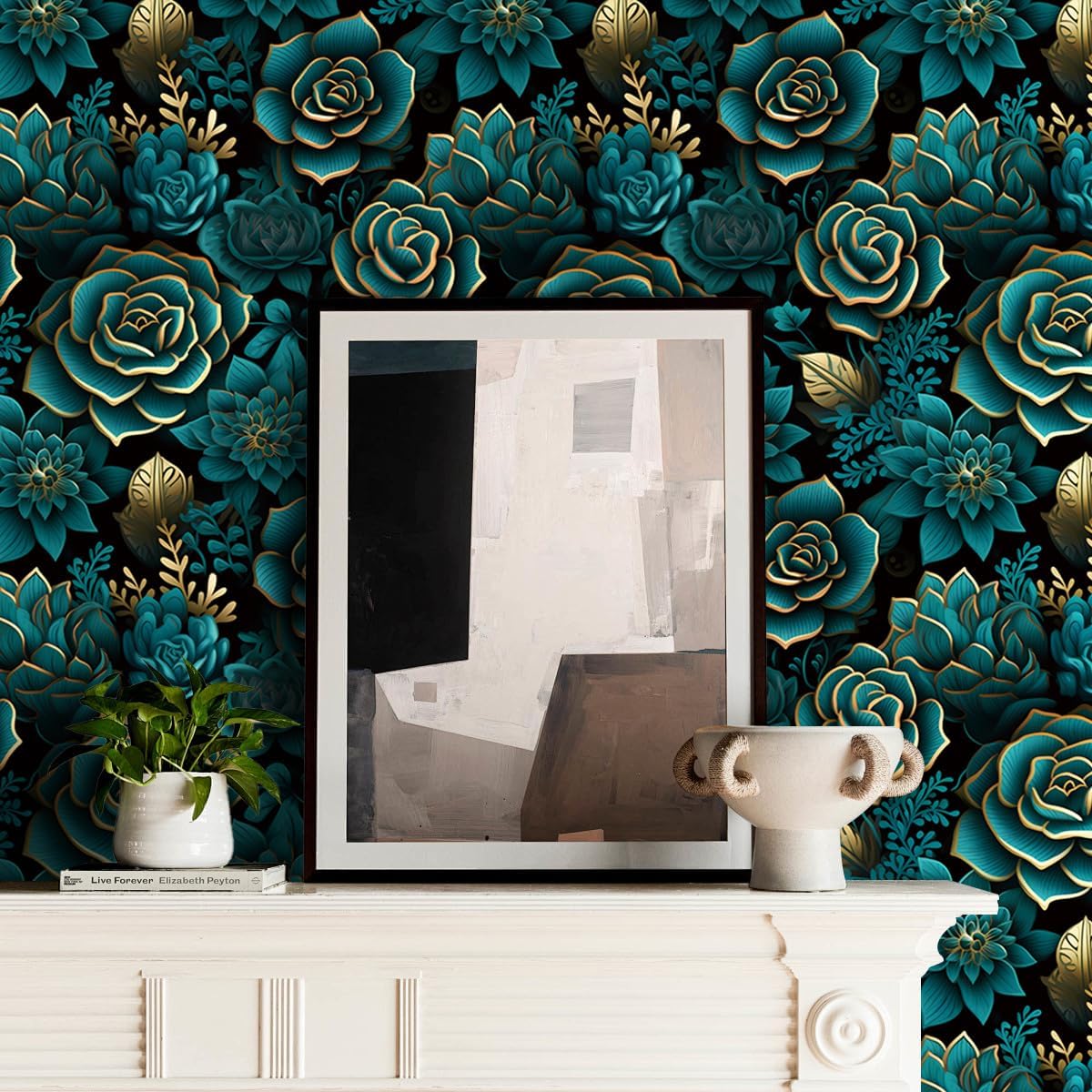 Peacock Blue Gilded Flower Wallpaper 17.71"x118.1" Peel and Stick Wall Paper Waterproof Vinyl Matte Flower Contact Paper for Bedroom Closet Entrances