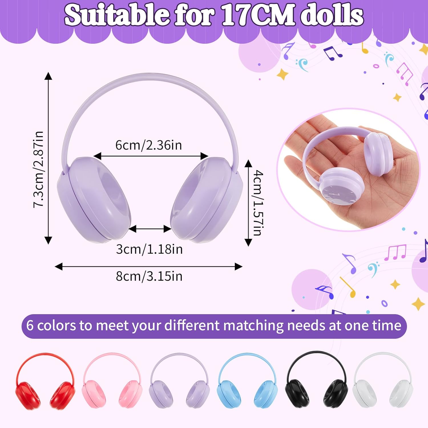Simgoing 6 Pcs Doll Headphones Accessory (No Dolls) for 3.94-6.69 Inch (10-17cm) Dolls, Mini Headset Suitable for Daily Display, Great As a Gift