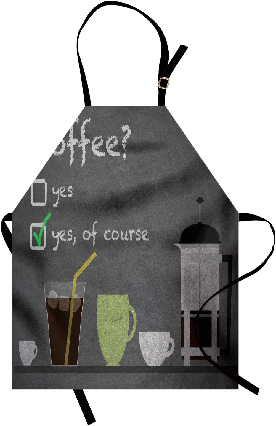 Lunarable Coffee Apron, Iced Coffee and Tea Cups Cold Beverage Tasty Refreshment Cafe Chalkboard Image, Unisex Kitchen Bib Apron with Adjustable Neck for Cooking Baking Gardening, Brown and Grey