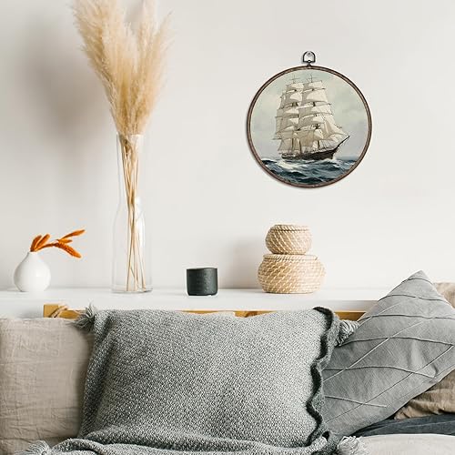 Miniatura 6 de Giosve Póster enmarcado redondo de velero náutico para pared, diseño de barco costero, playa, océano, velero, esculturas de pared para decoración