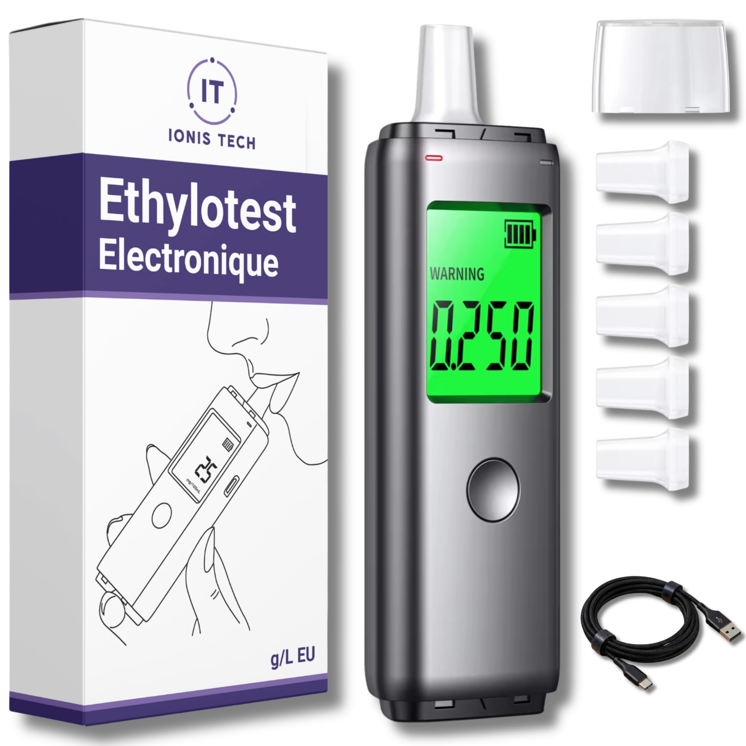 Éthylotest Électronique - Rechargeable USB – Affichage g/L Clair, Résultat Rapide, Écran LCD - Compact & Portable - Embouts Hygiéniques – Test Taux d'alcool - Alcootest Personnel